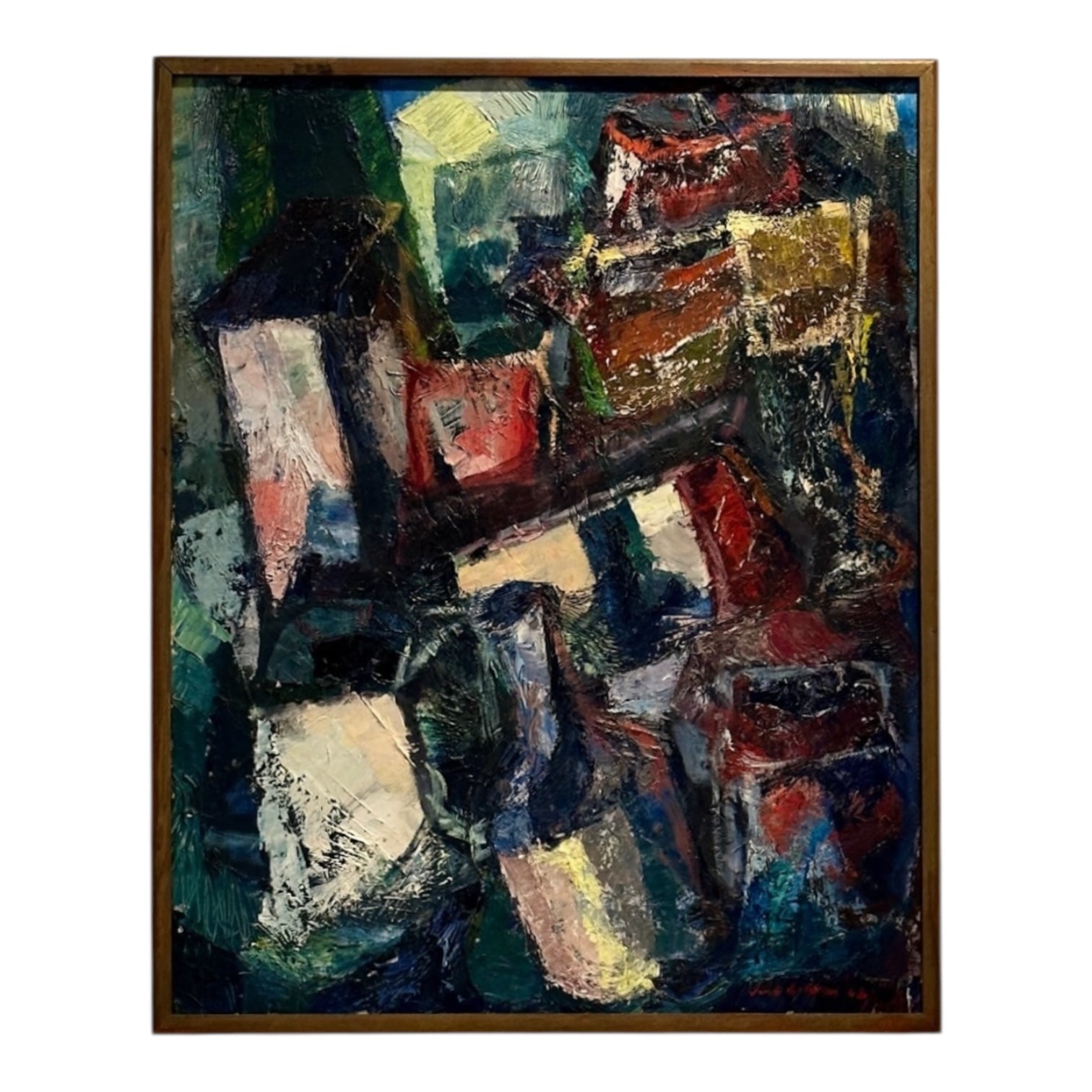 Abstract Geometric Jewel Toned Oil with Impasto in Original Wood Frame