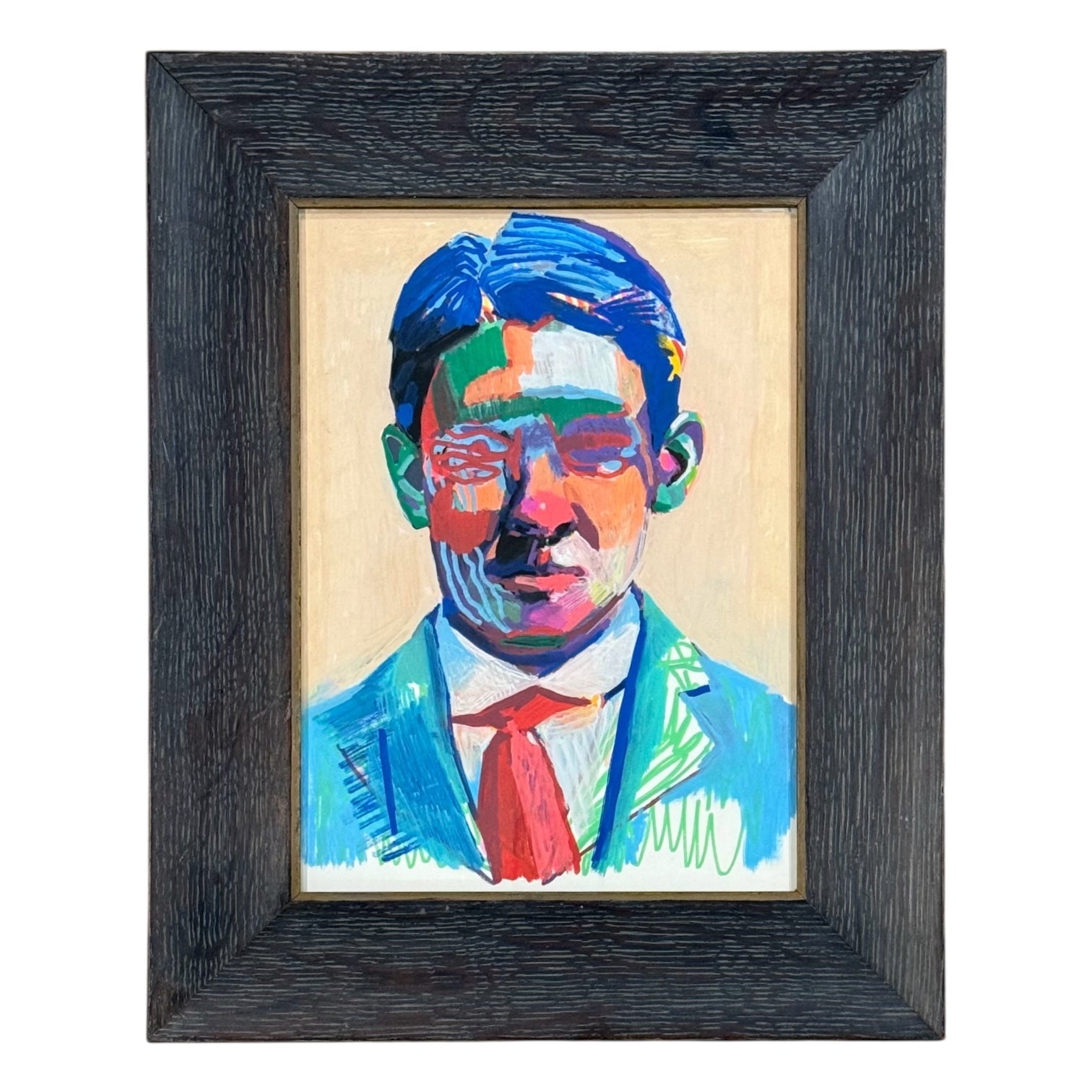 Modernist Portrait of a Man in Saturated Colors / Vintage Dark Gray Cerused Wood Frame