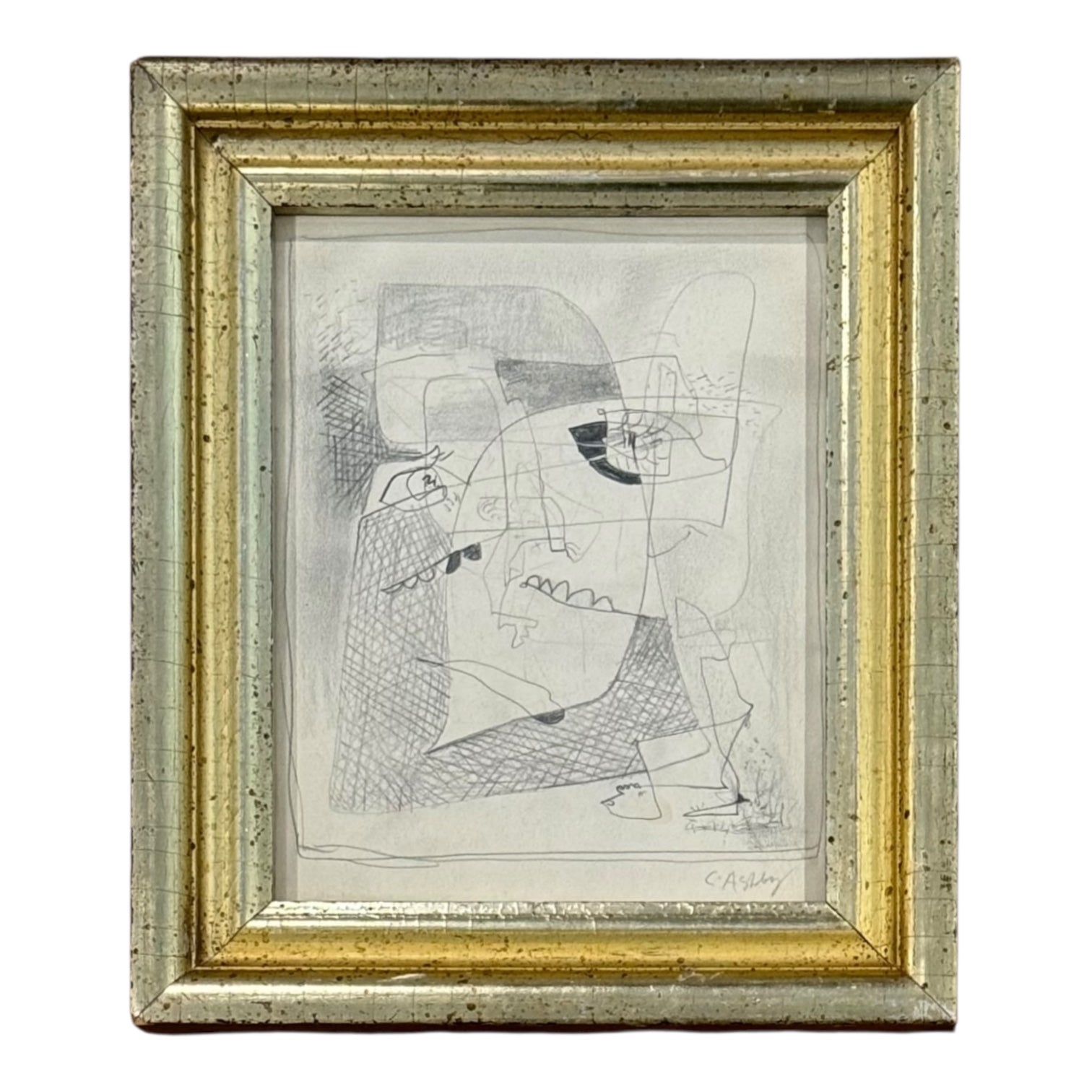 Cubist Graphite Portrait in 19th Century Gilt Frame