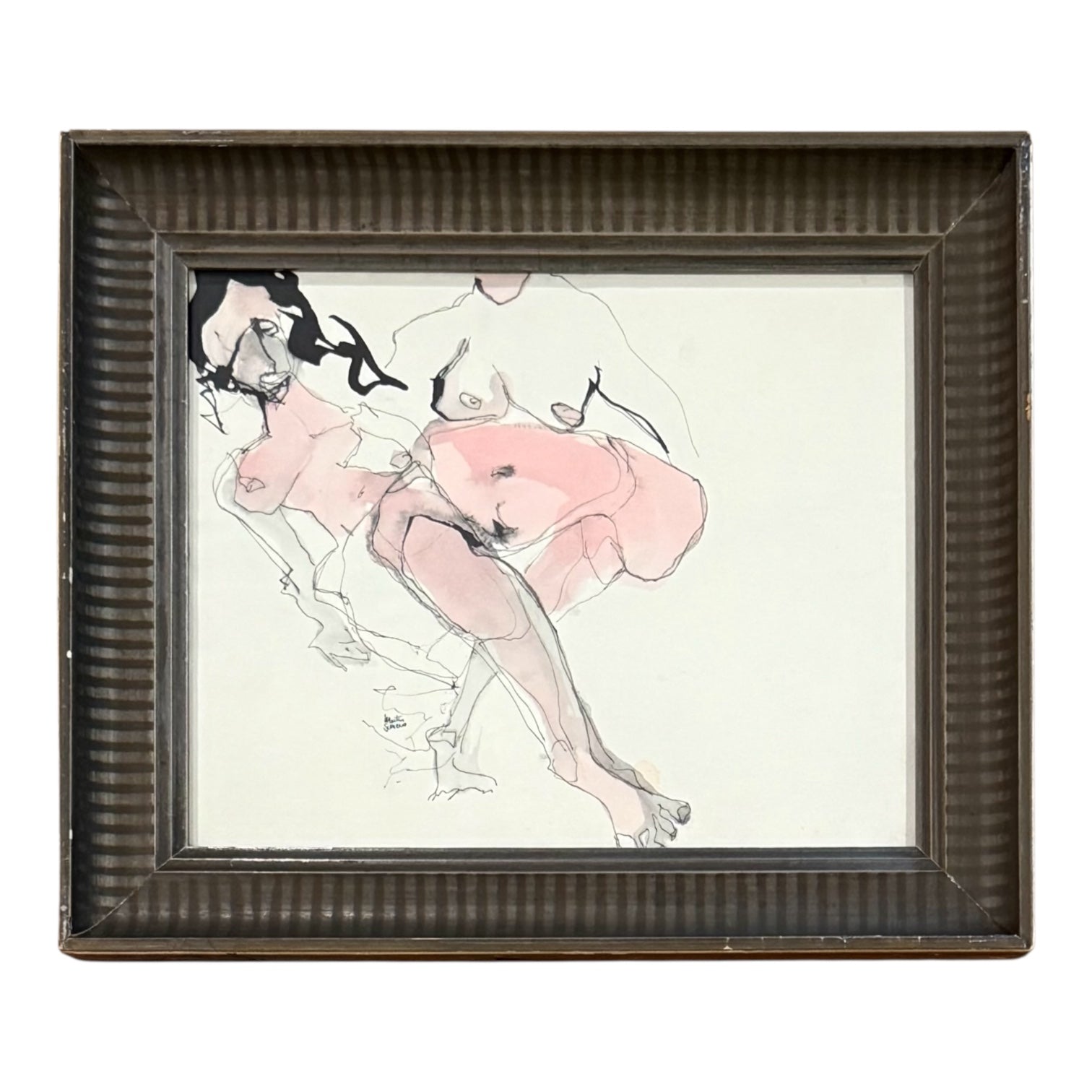Ink and Watercolor Figurative Painting in Pinks, 19th Century Stenciled Frame