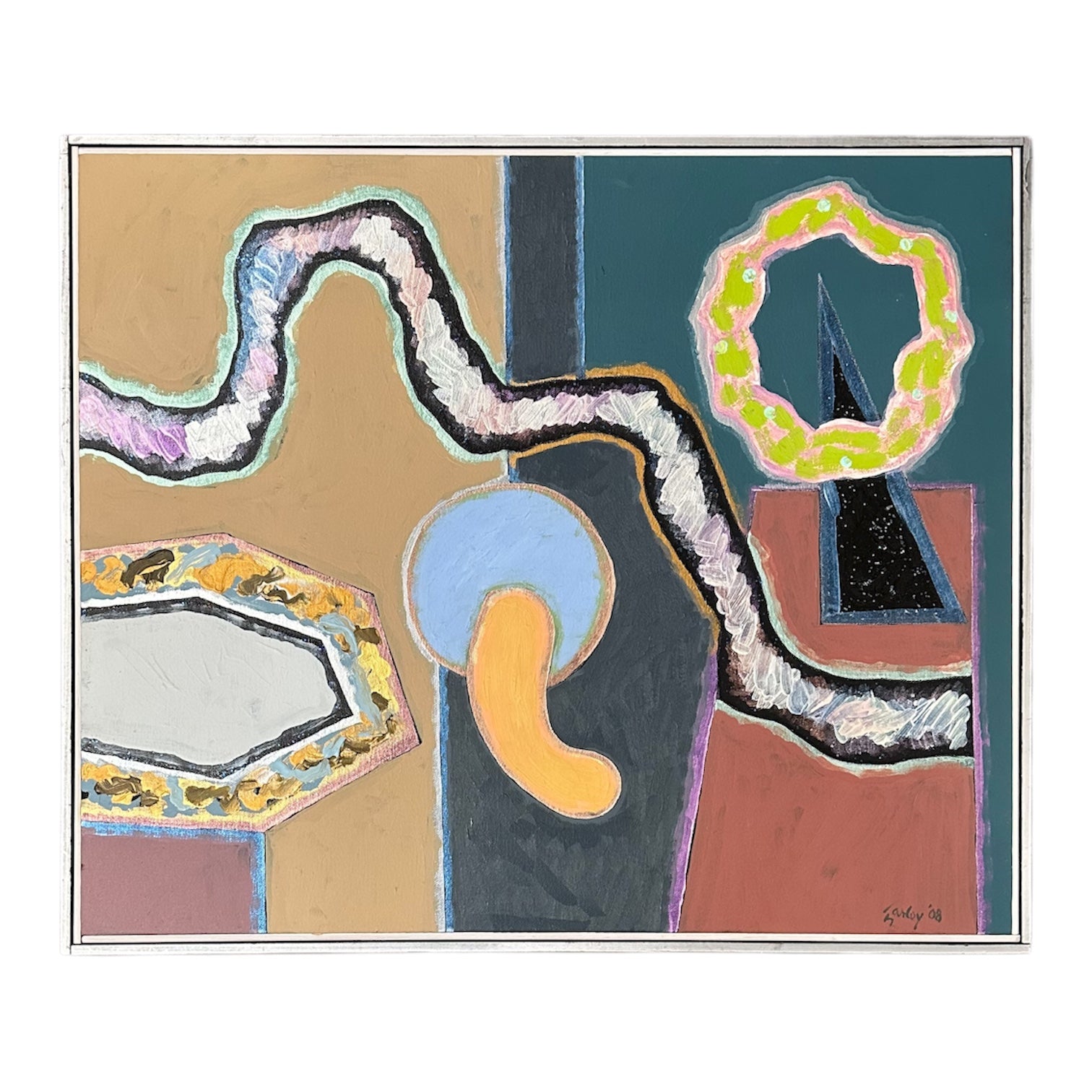 Abstracted Still Life with Dynamic Organic Shapes in Original Lathe Frame