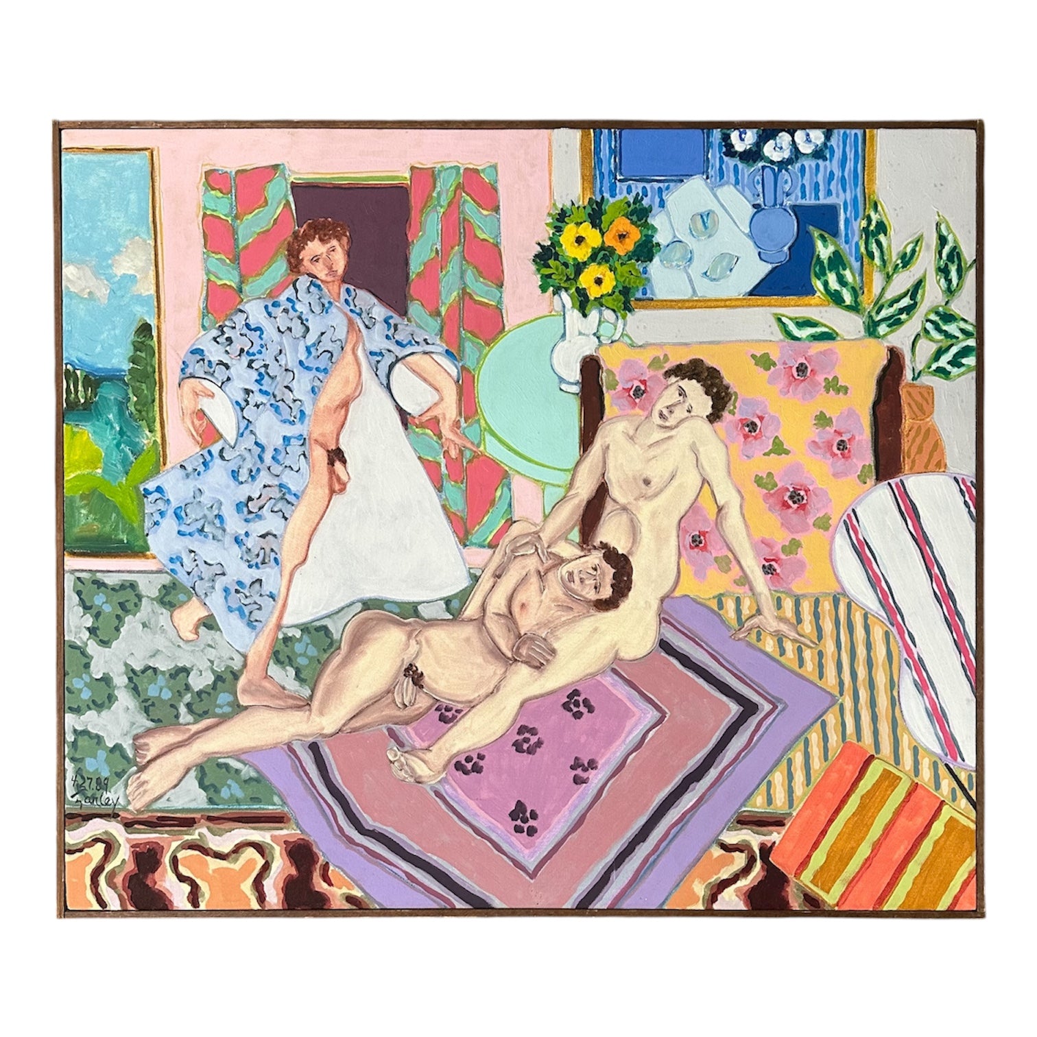 Brilliantly Colored Interior Scene Featuring Reclining and Robed Figures in Original Frame