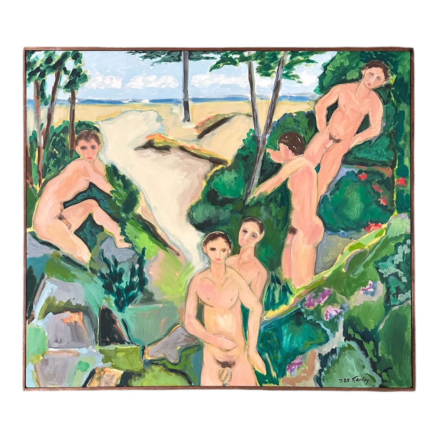 Richly Colored and Lush Island Scene Featuring Four Male Figures