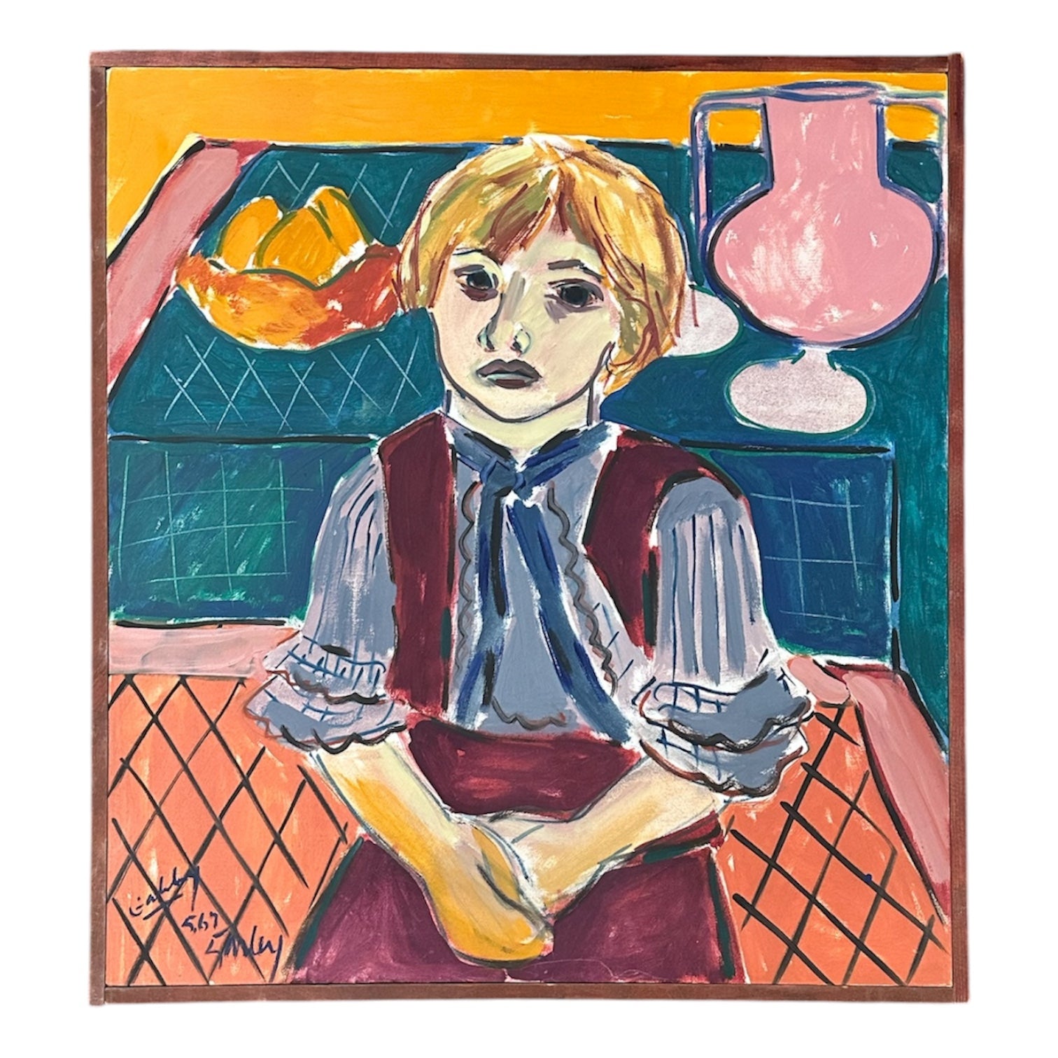 Modernist Oil on Canvas Portrait of Gabby in Original Frame, 1967