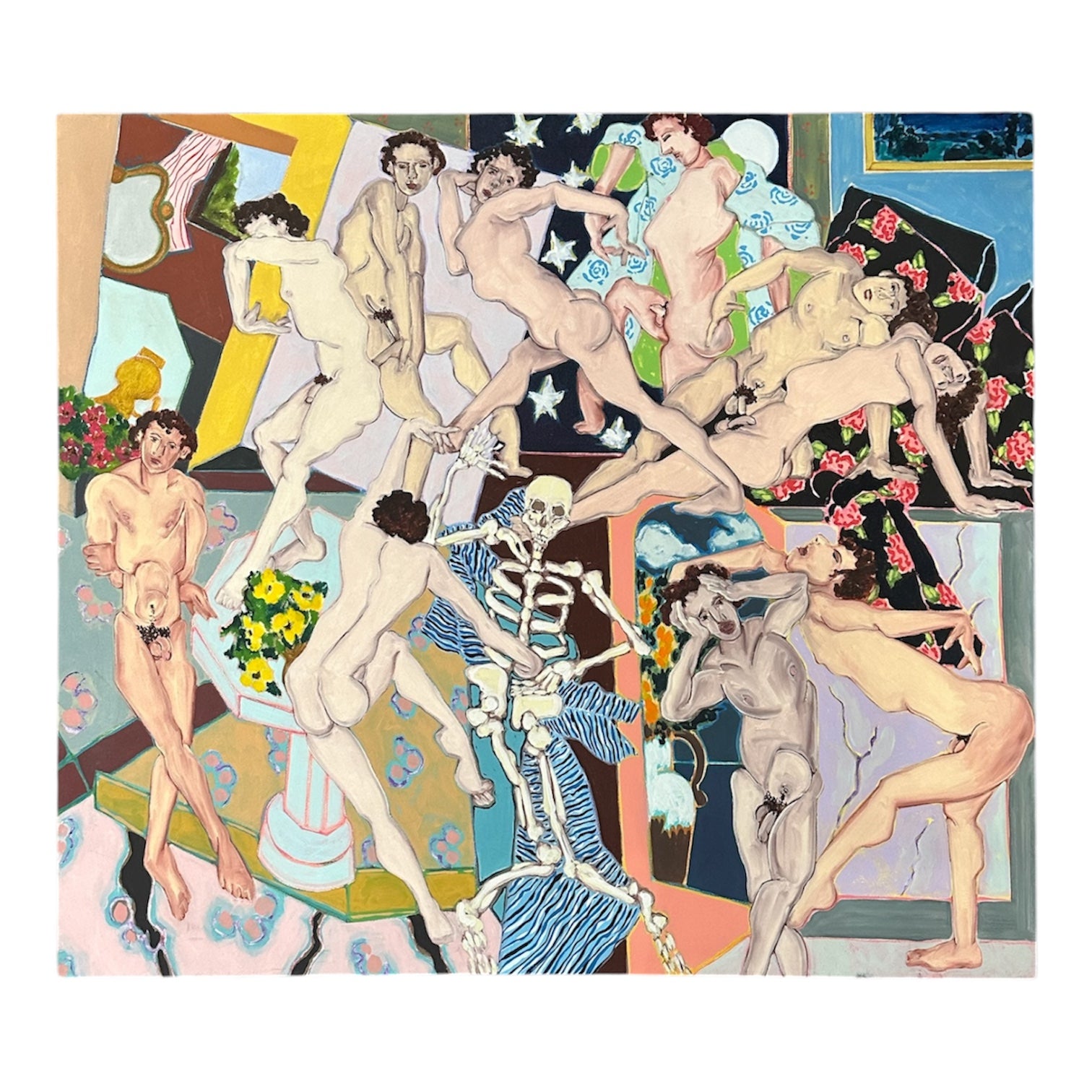 Energetic Interior Scene Featuring Dynamically Posed Figures and Skeleton