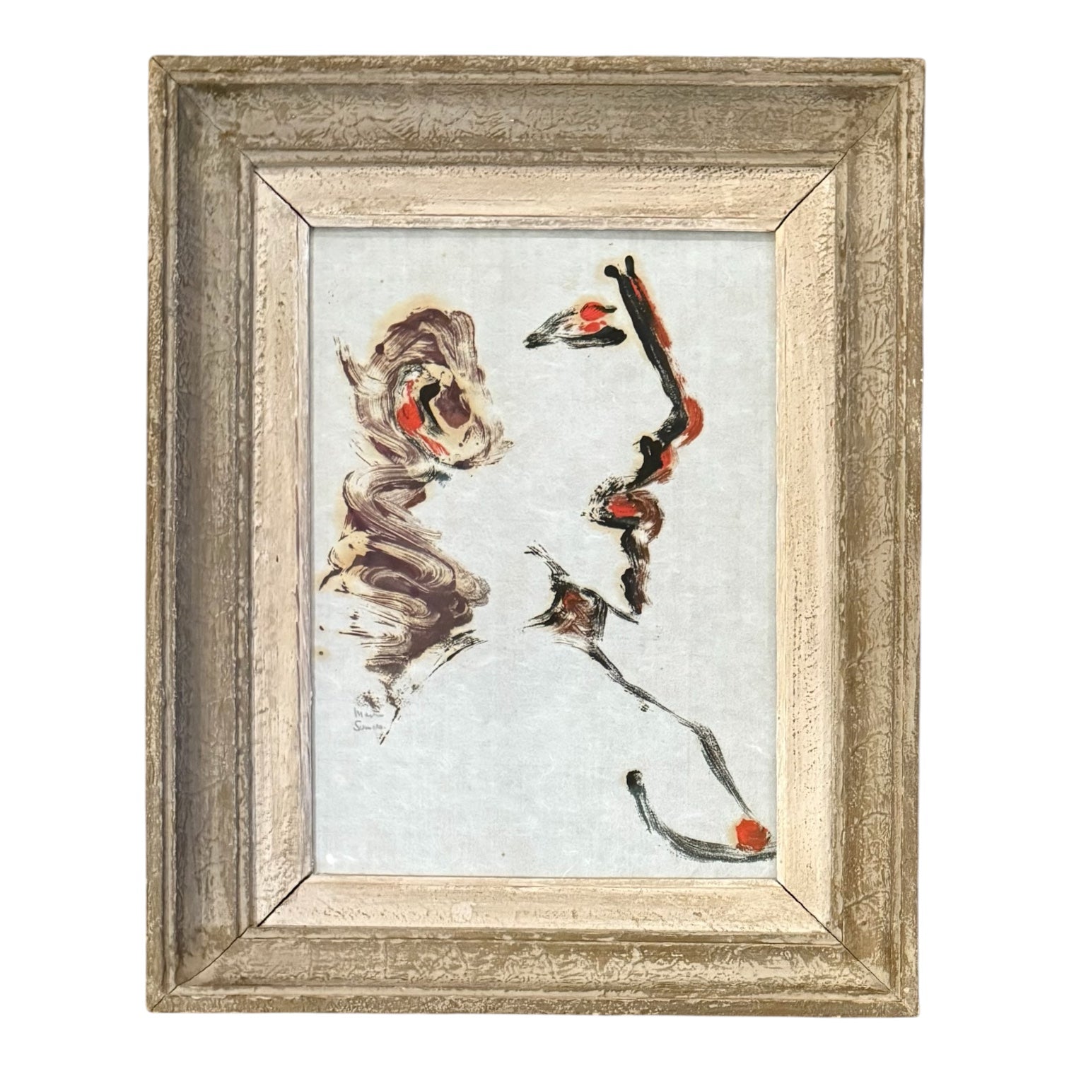 Abstract Portrait with Gestural Brushwork on Washi Paper in Antique Wood Frame