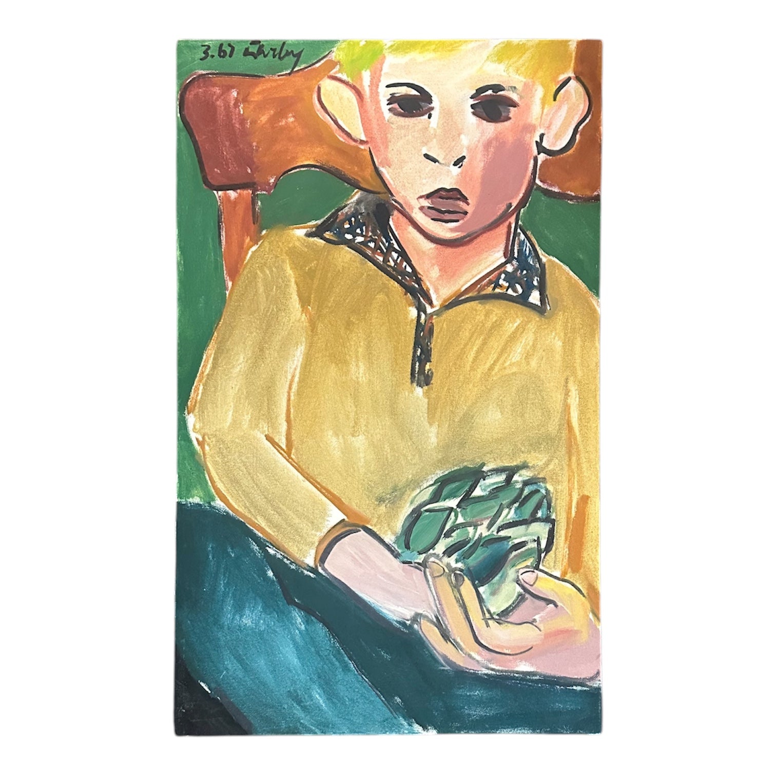 Oil Portrait on Canvas of a Seated Boy Holding an Artichoke, 1967