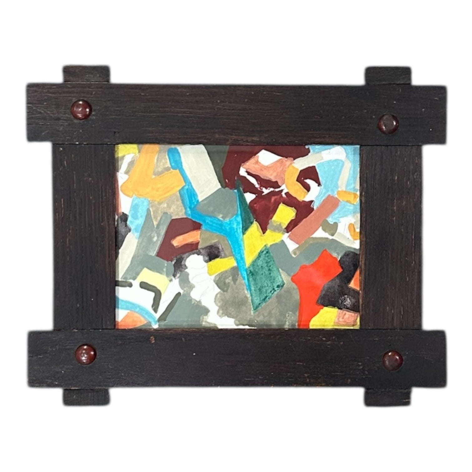 Brightly Colored and Patterned Abstract in Vintage Adirondack Wooden Frame