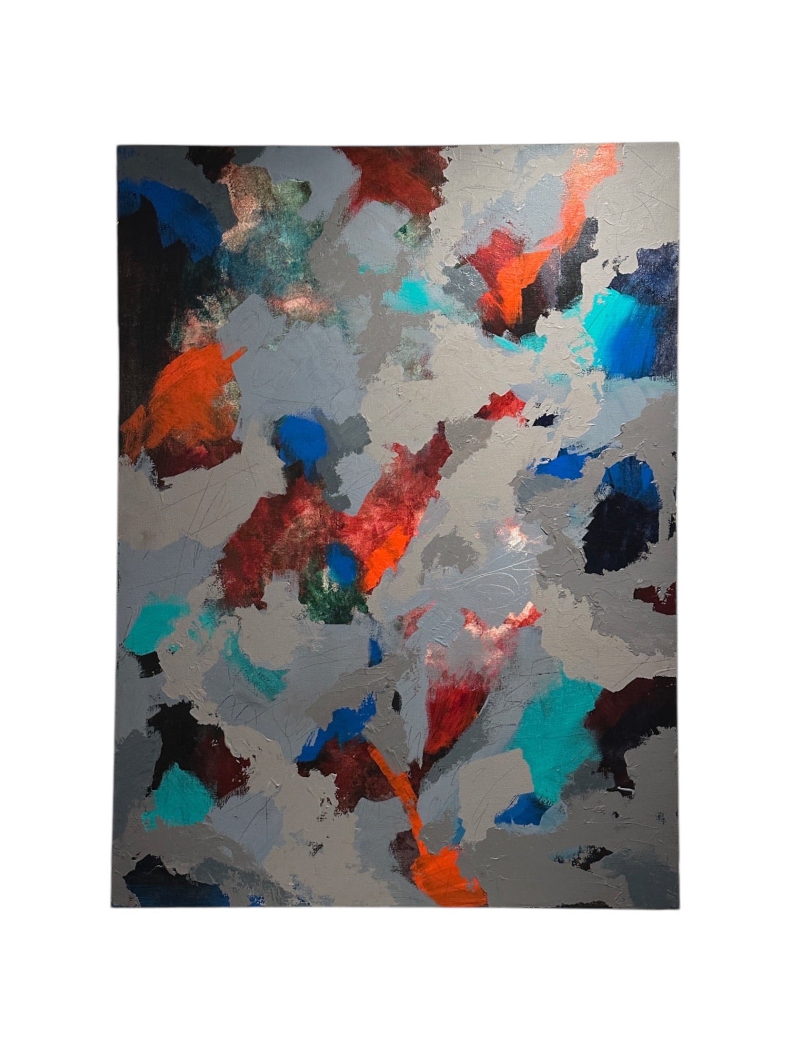 Abstract Expressionist Painting in Reds, Blues, Gray