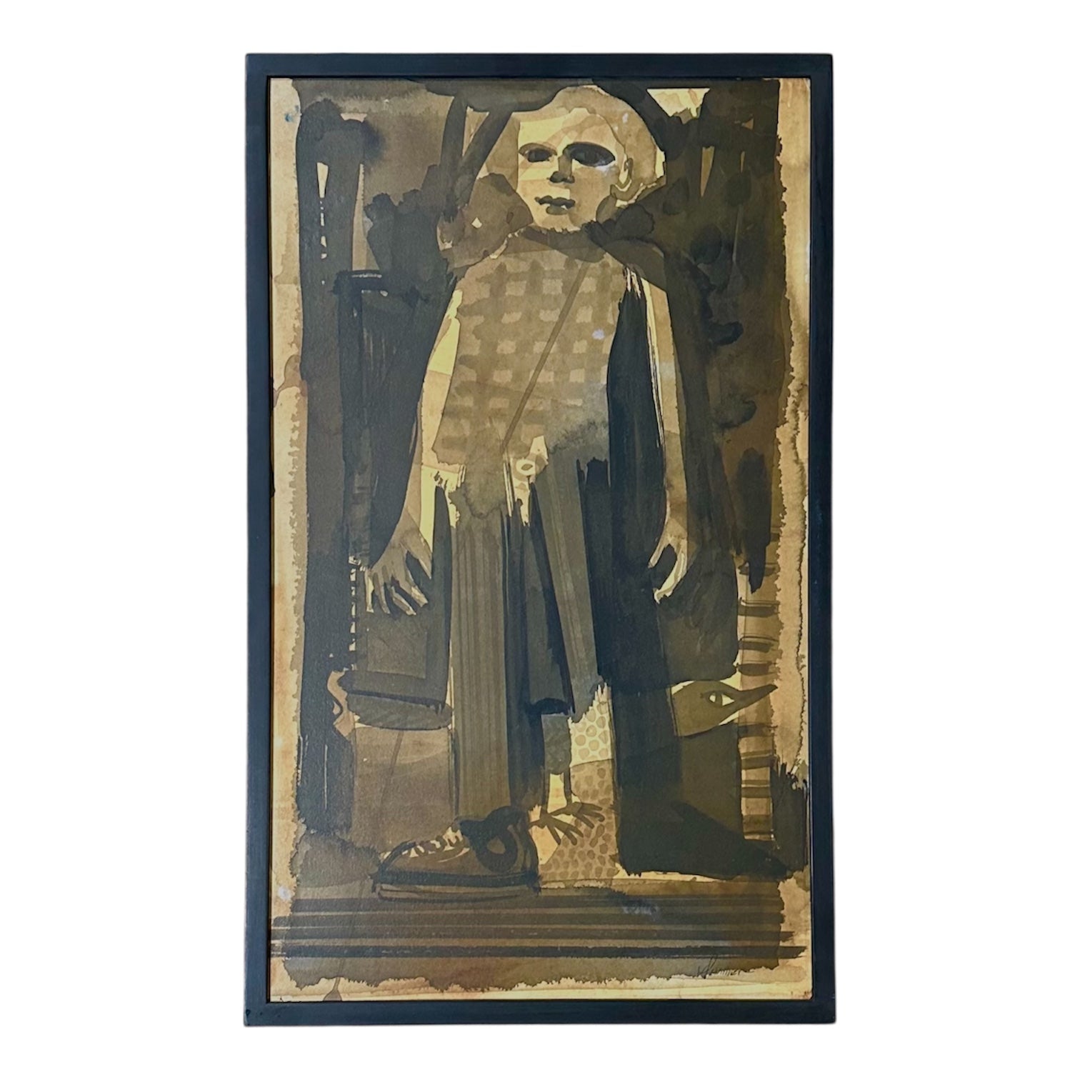 Monochromatic Standing Boy Featuring Bird and Shoes in Mustards and Black