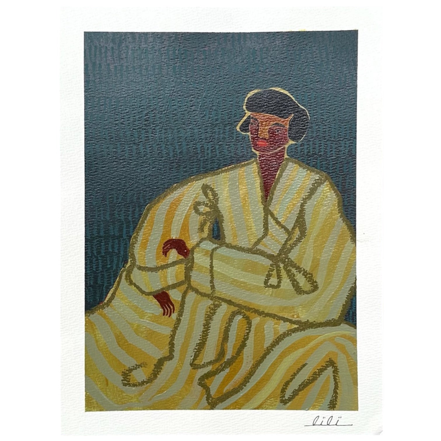 Woman in Yellow Striped Dress with Blue Background