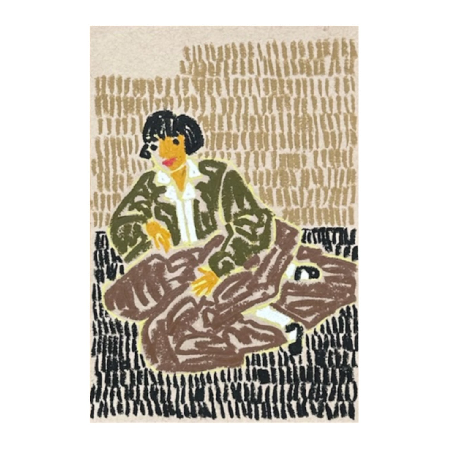 Woman in Green Jacket and Brown Pants with Black Bob