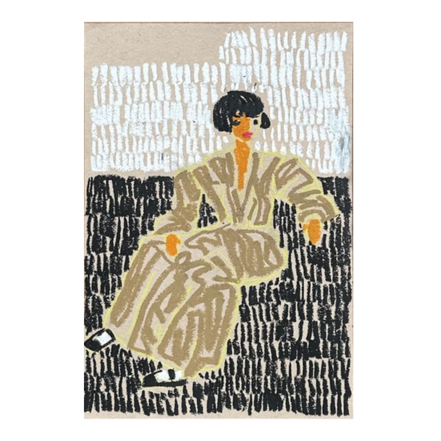 Seated Woman with Black Bob and Brown Striped Dress