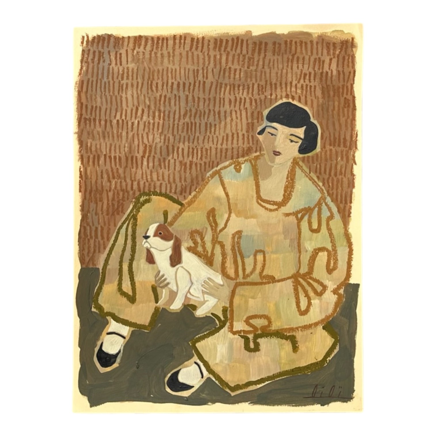 Seated Lady in Tan with Her Pup