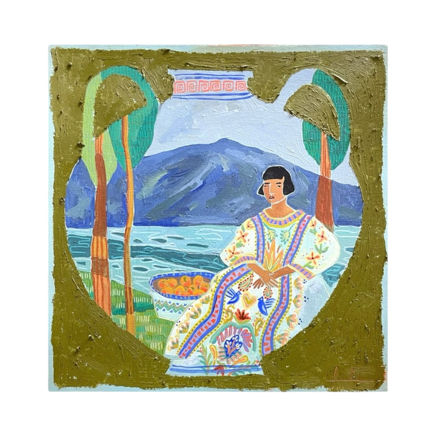 Oil Painting Woman in a Tropical Setting with Two Handled Pot Surround