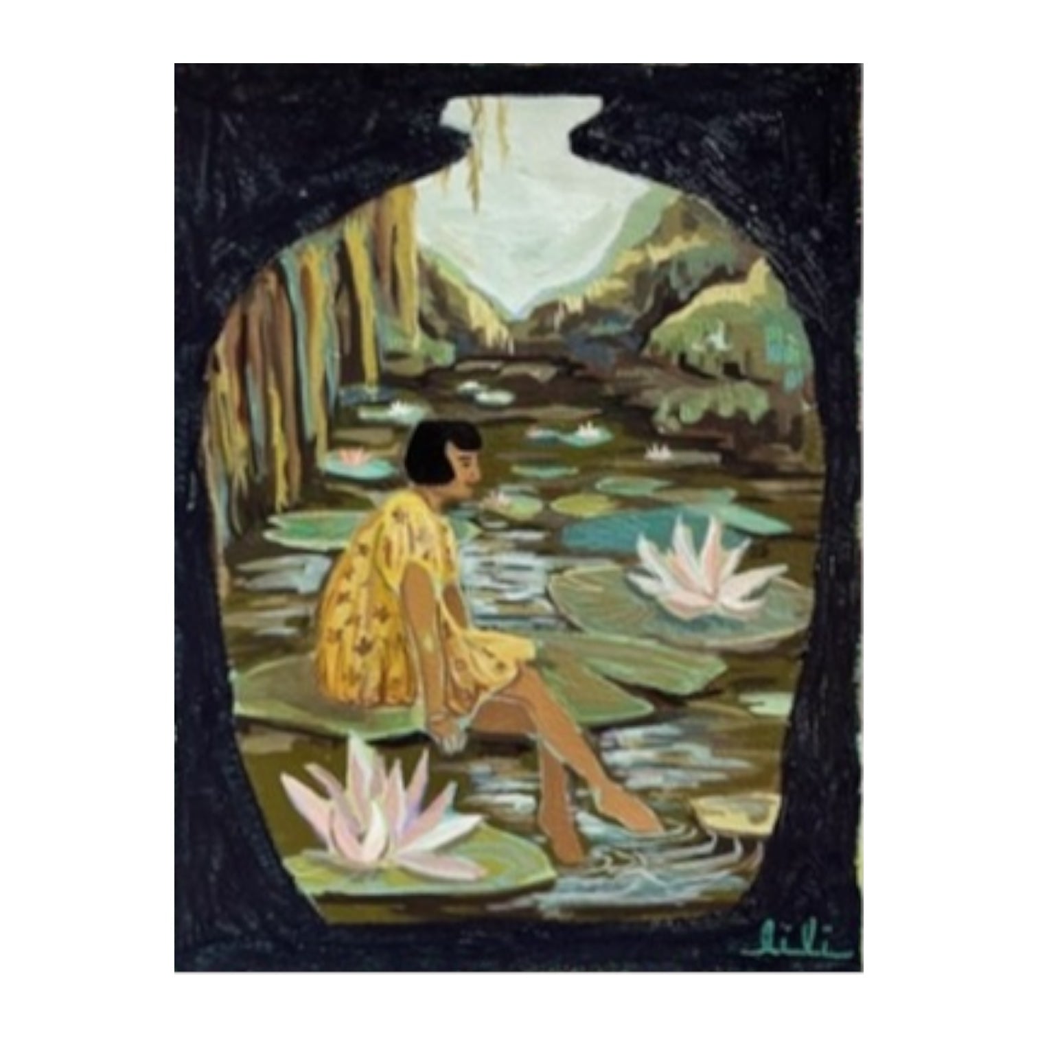 Oil Painting Seated Woman in Pond with Waterlilies Within Pottery Vessel Surround