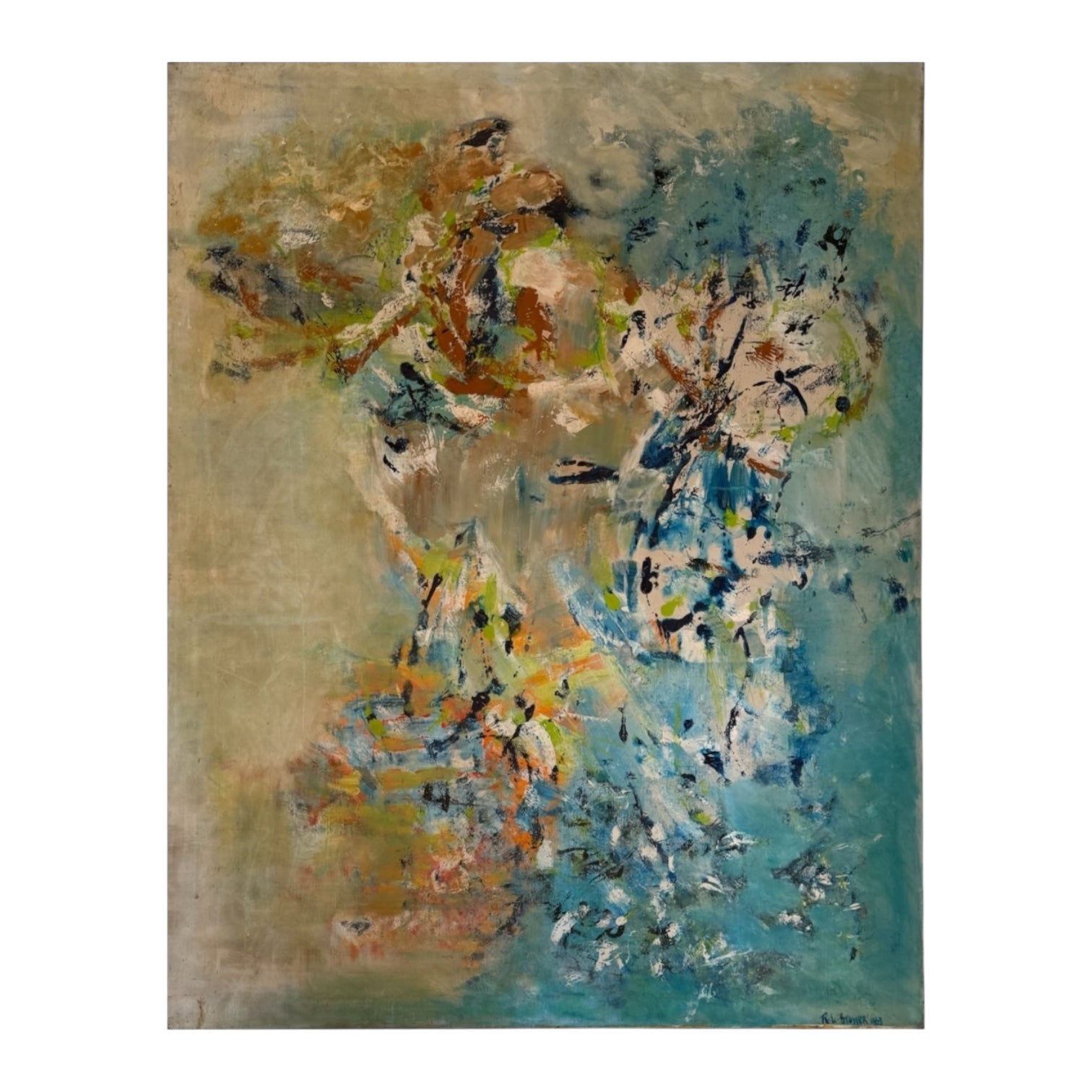 Large Abstract Expressionist Oil on Canvas in Aqua and Ochre
