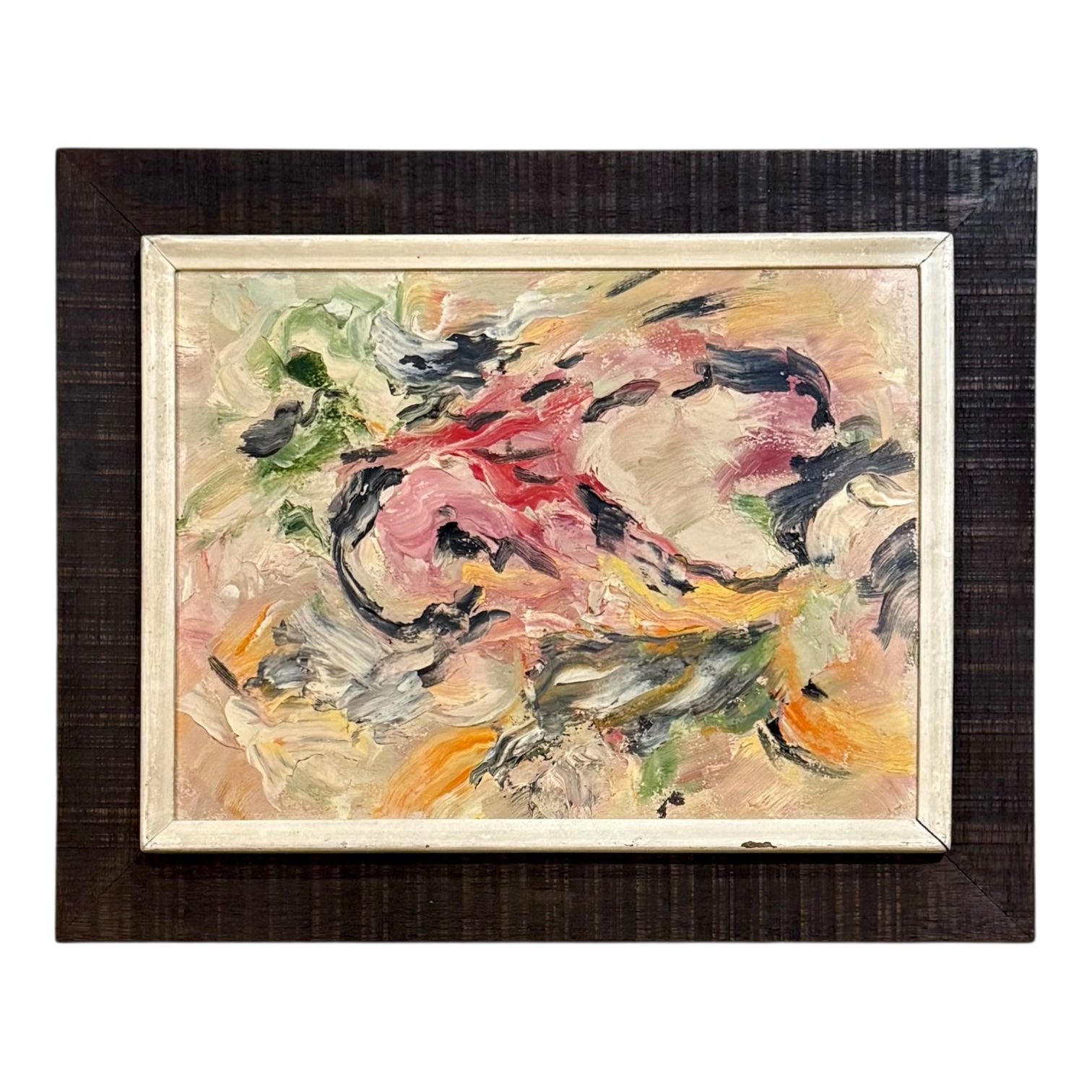 Abstract Expressionist Painting with Heavy Impasto in Original Wood Frame