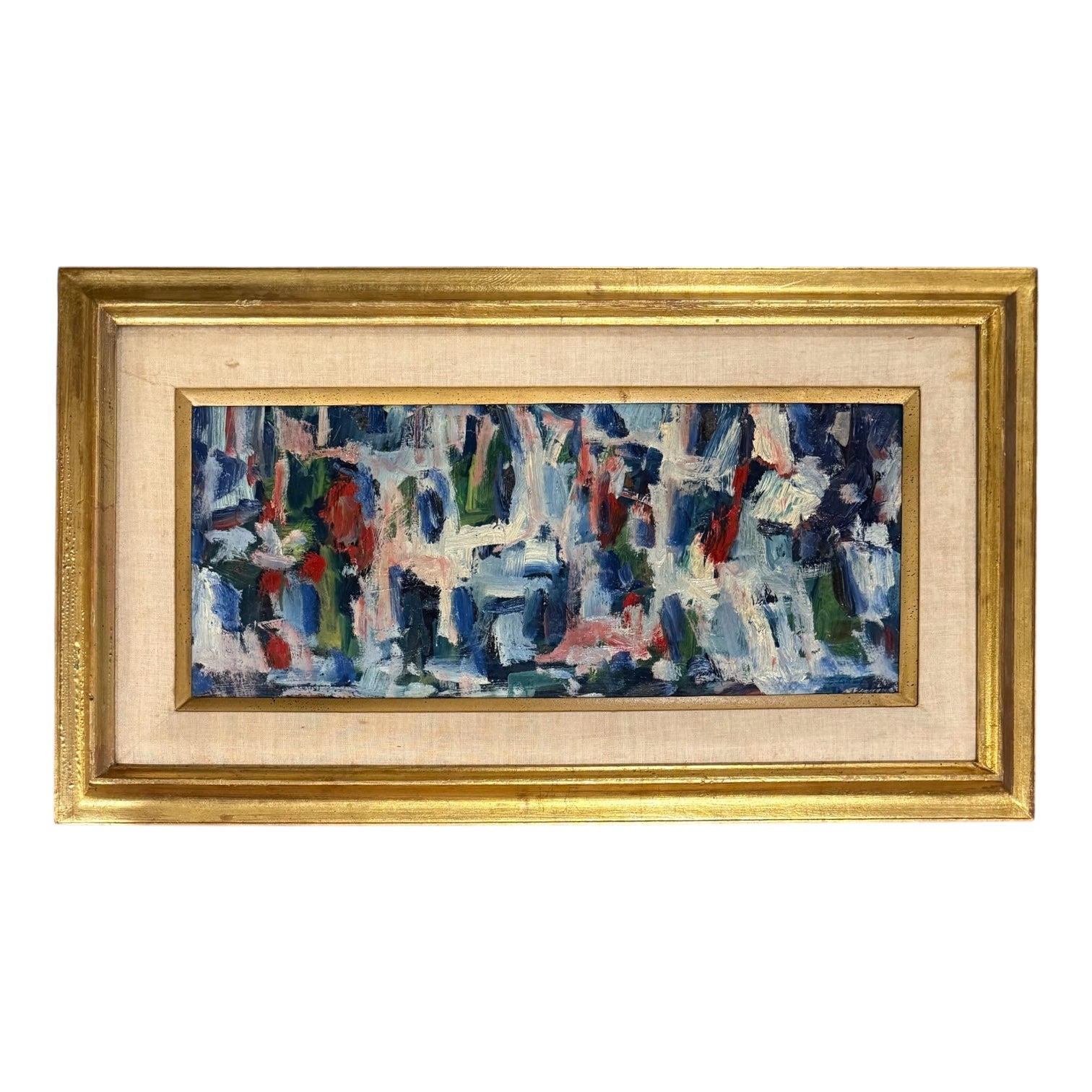 Vibrantly Colorful Abstract Expressionist Oil Painting in Vintage Gold Toned Frame