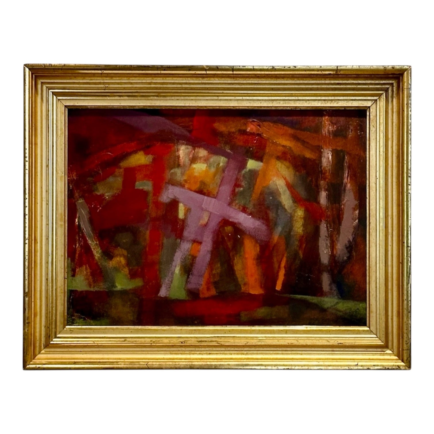 Abstract Expressionist Painting in Reds in Heavy 19th Century Gilt Frame