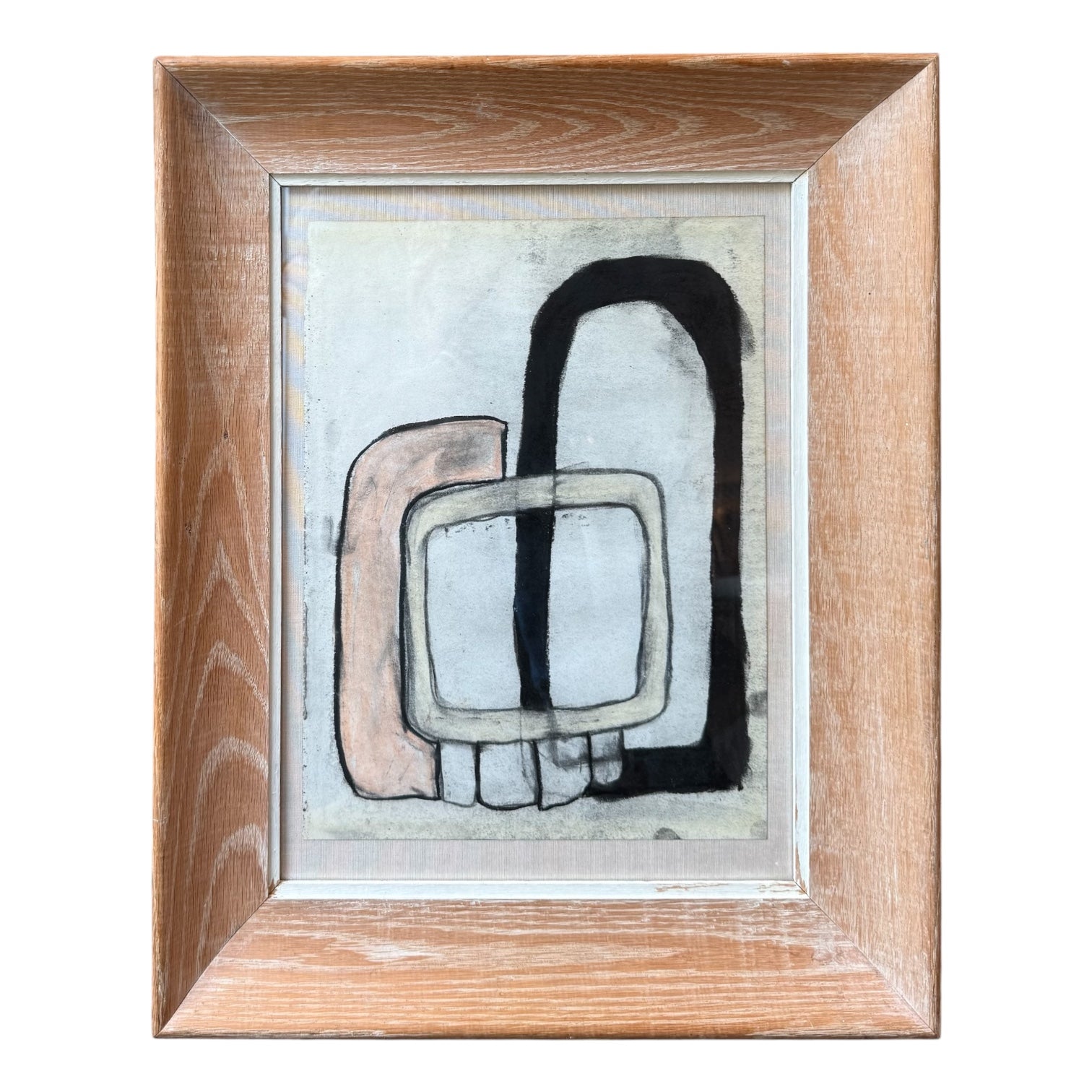 Bold Drawing in Black, Charcoal, Pink in Vintage Wood Frame