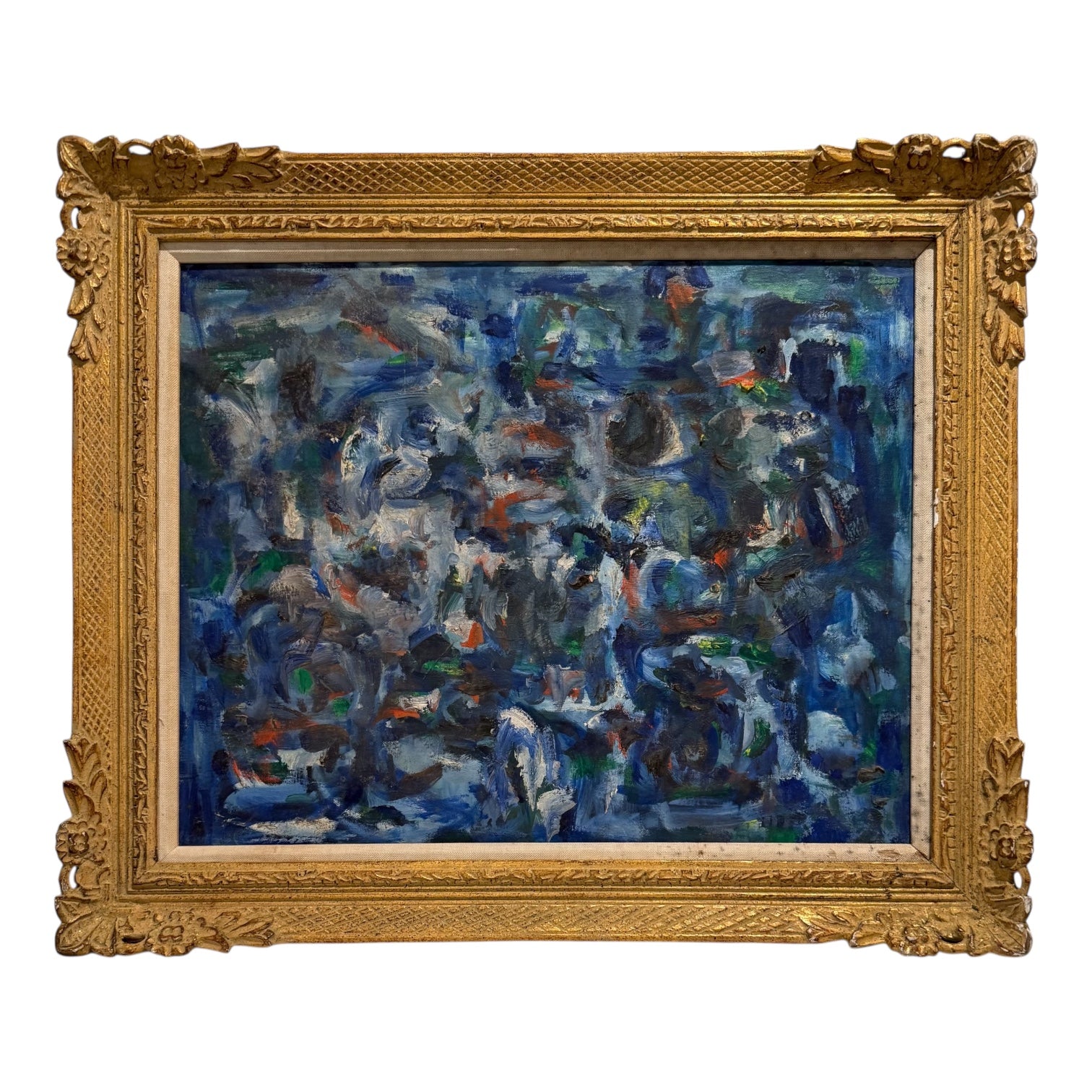 Reserved HE Colorfield Oil Painting in Deep Indigo in Ornate 19th Century Gilt Frame