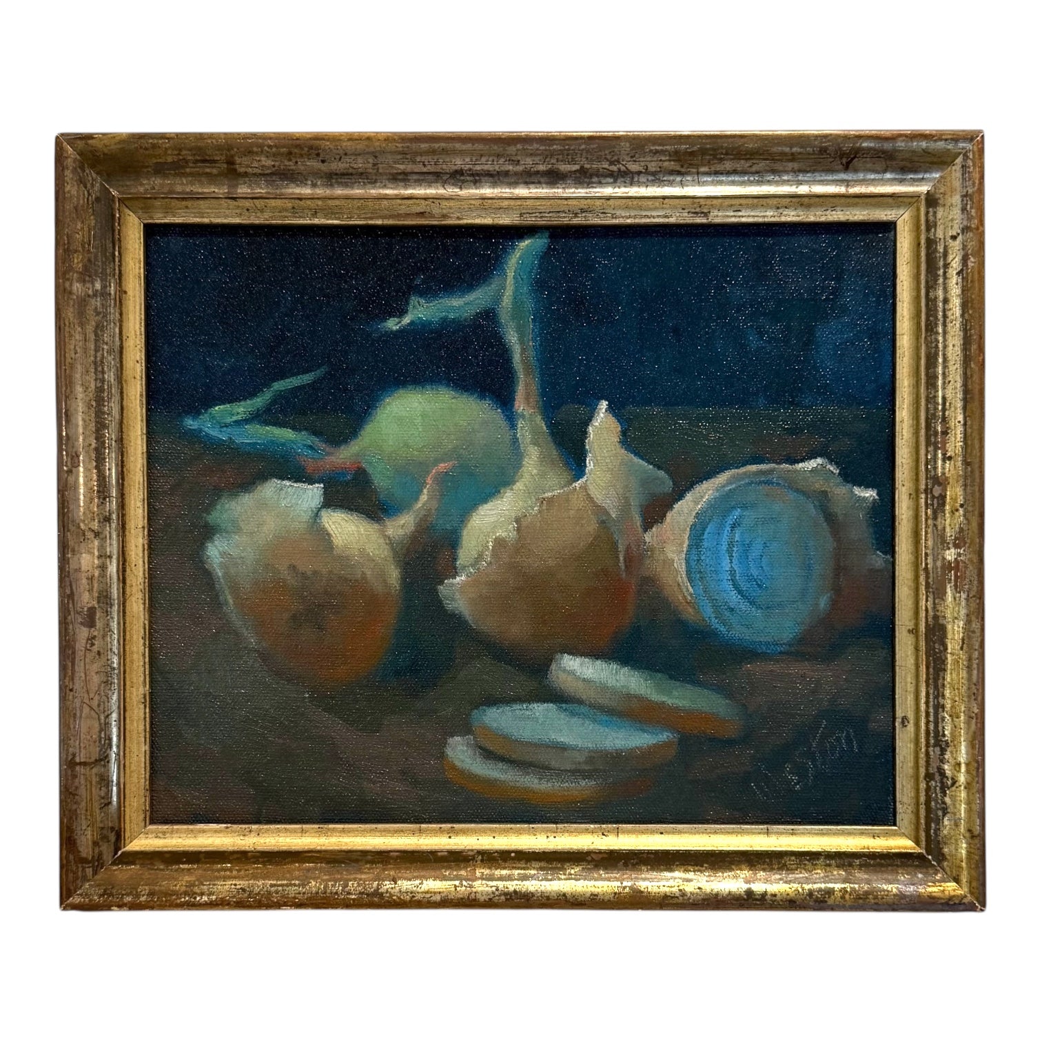 Ethereal Still Life Oil Painting of Blue Onions in 19th Century Gilt Frame