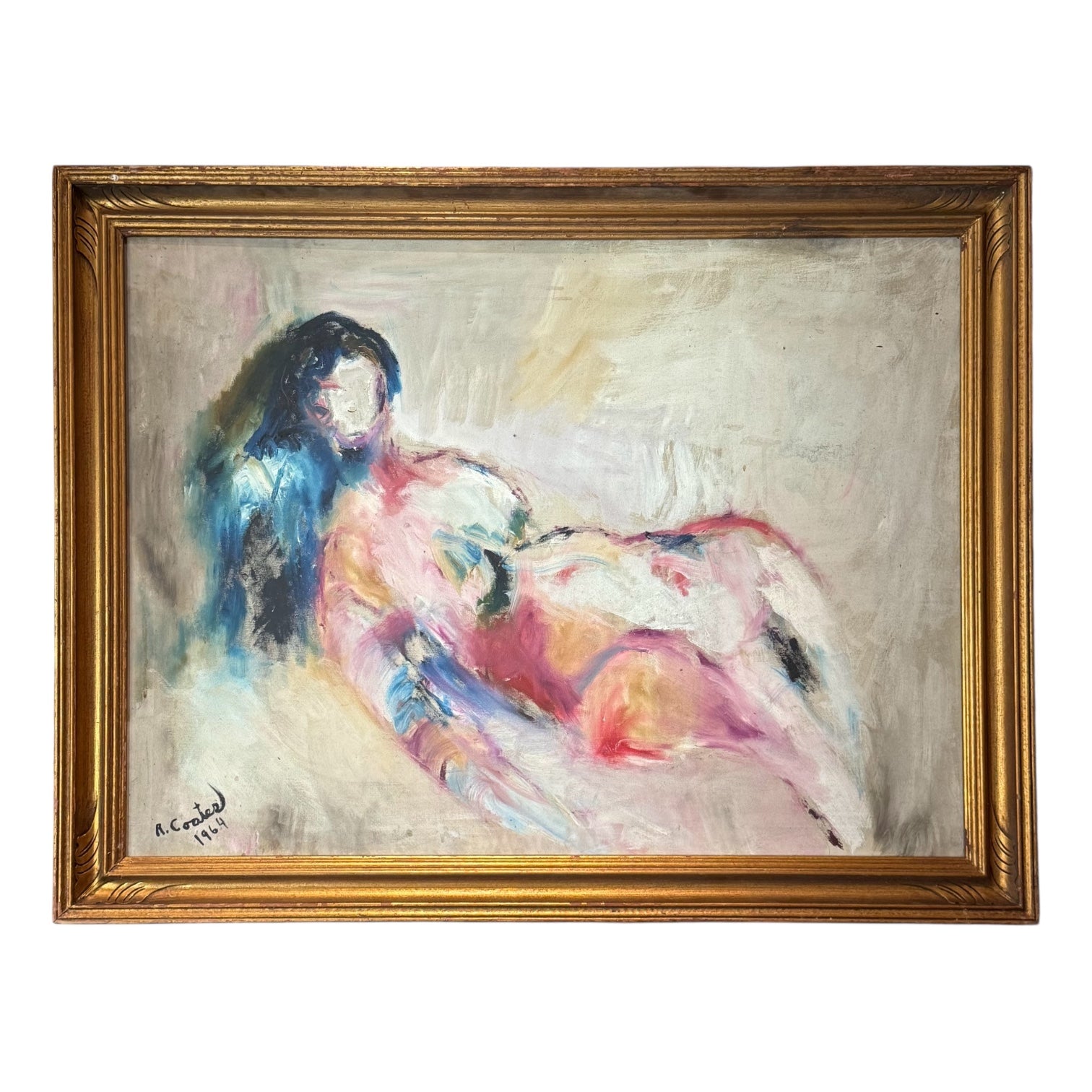Figurative Oil Painting in Pinks and Blues with Heavy 19th Century Gilt Frame