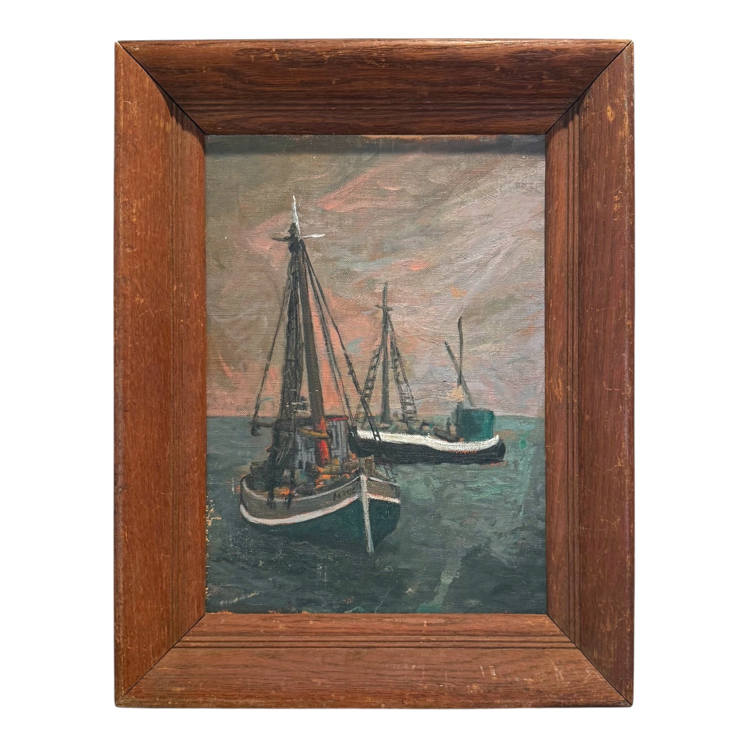 1940s Provincetown Oil Painting of Anchored Sail Boats in Vintage Wood Frame