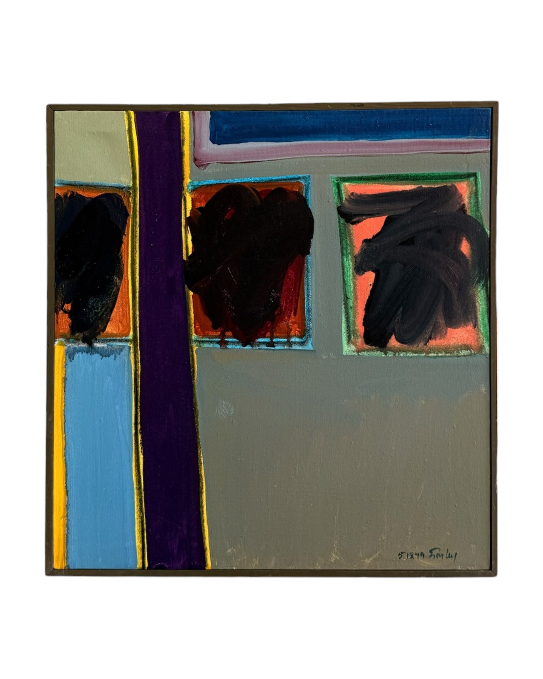 Reserved HE Abstract Oil in Vivid Colors Paired with Neutrals in Original Lathe Frame