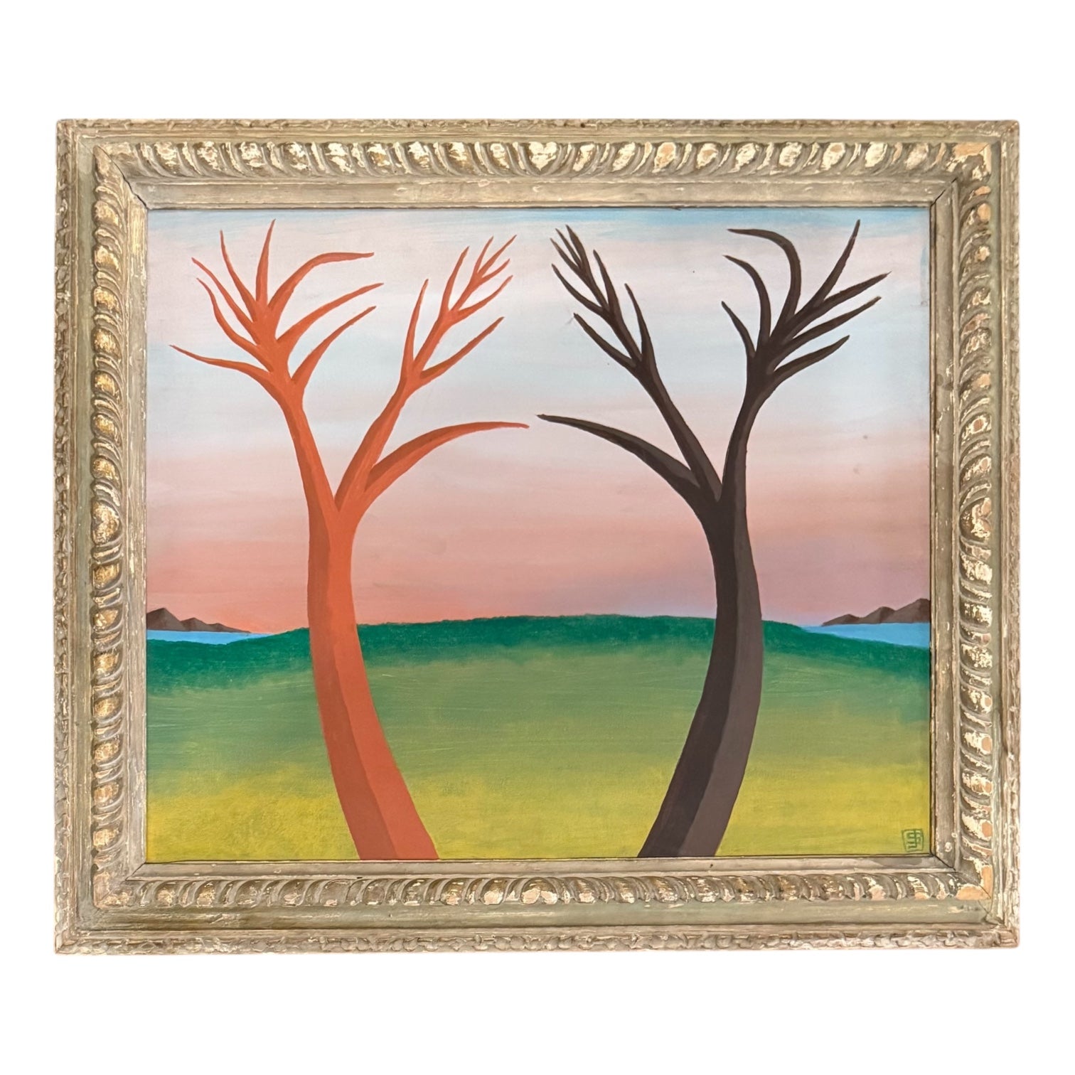 Reserved AN Fantastical Landscape Against a Pink Striated Sky in Antique Carved Wood Frame