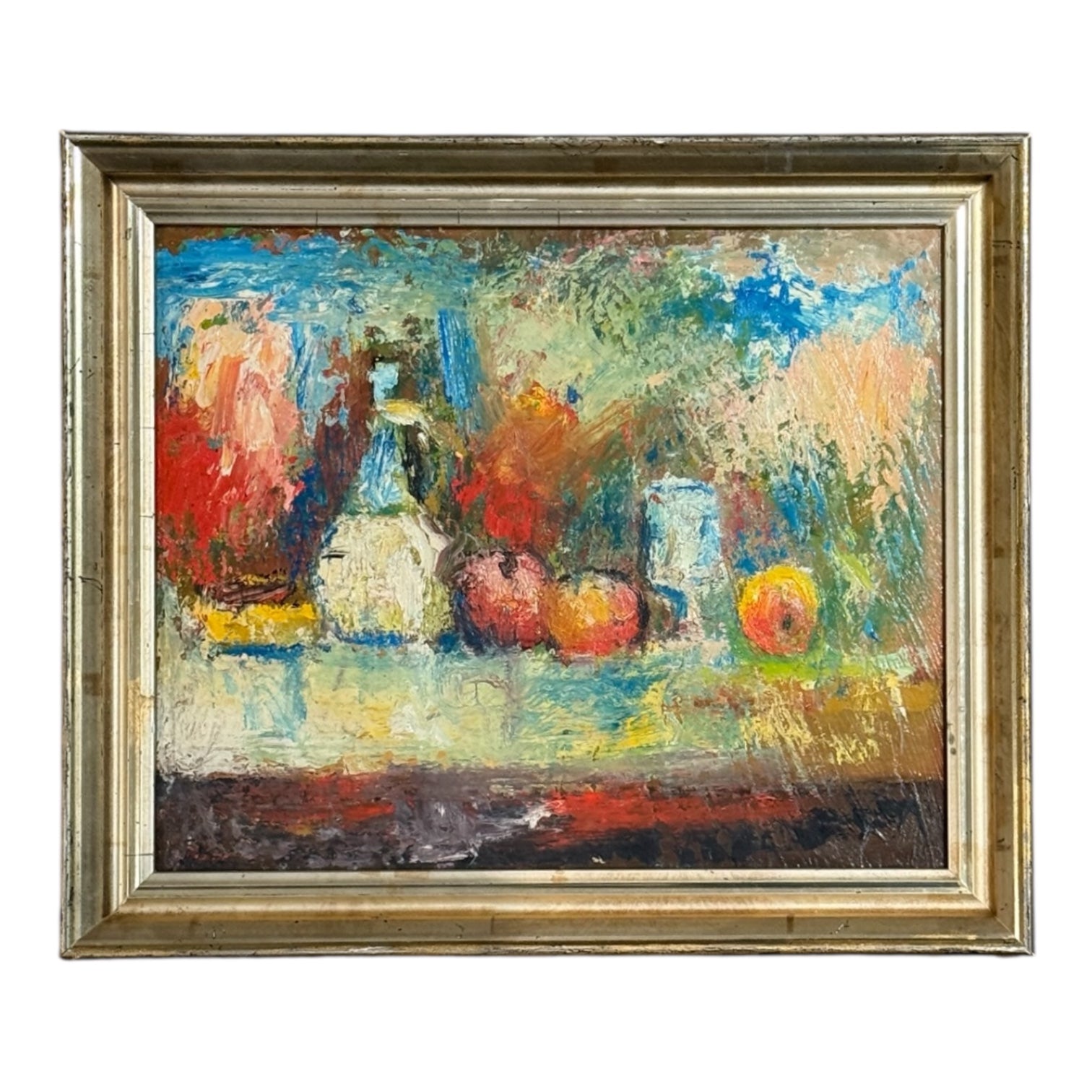 Still Life Impasto Oil Painting in Orange and Aqua in 19th Century Gilt Frame