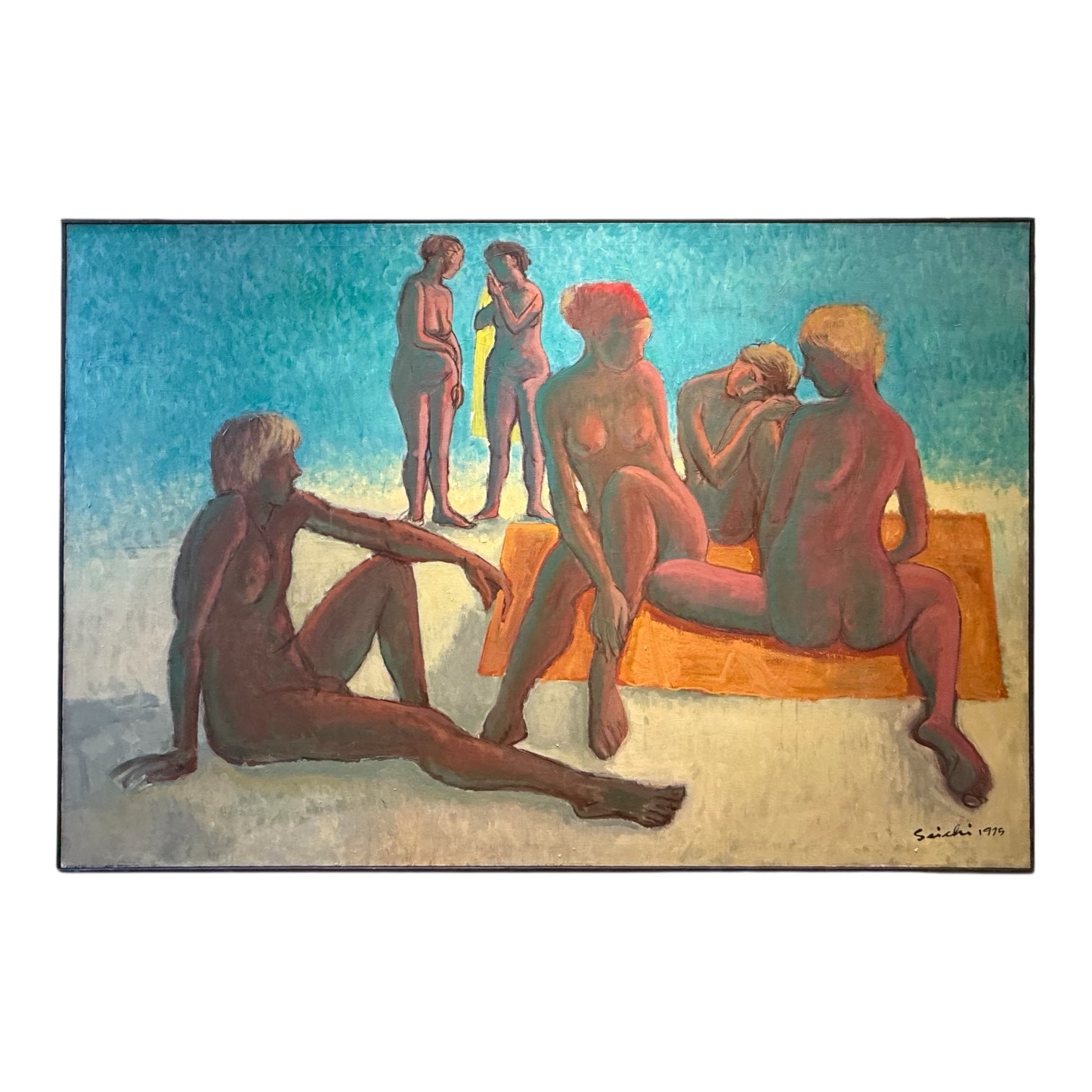 Monumental Oil on Canvas of Figures on A Beach in Original Lathe Wood Frame