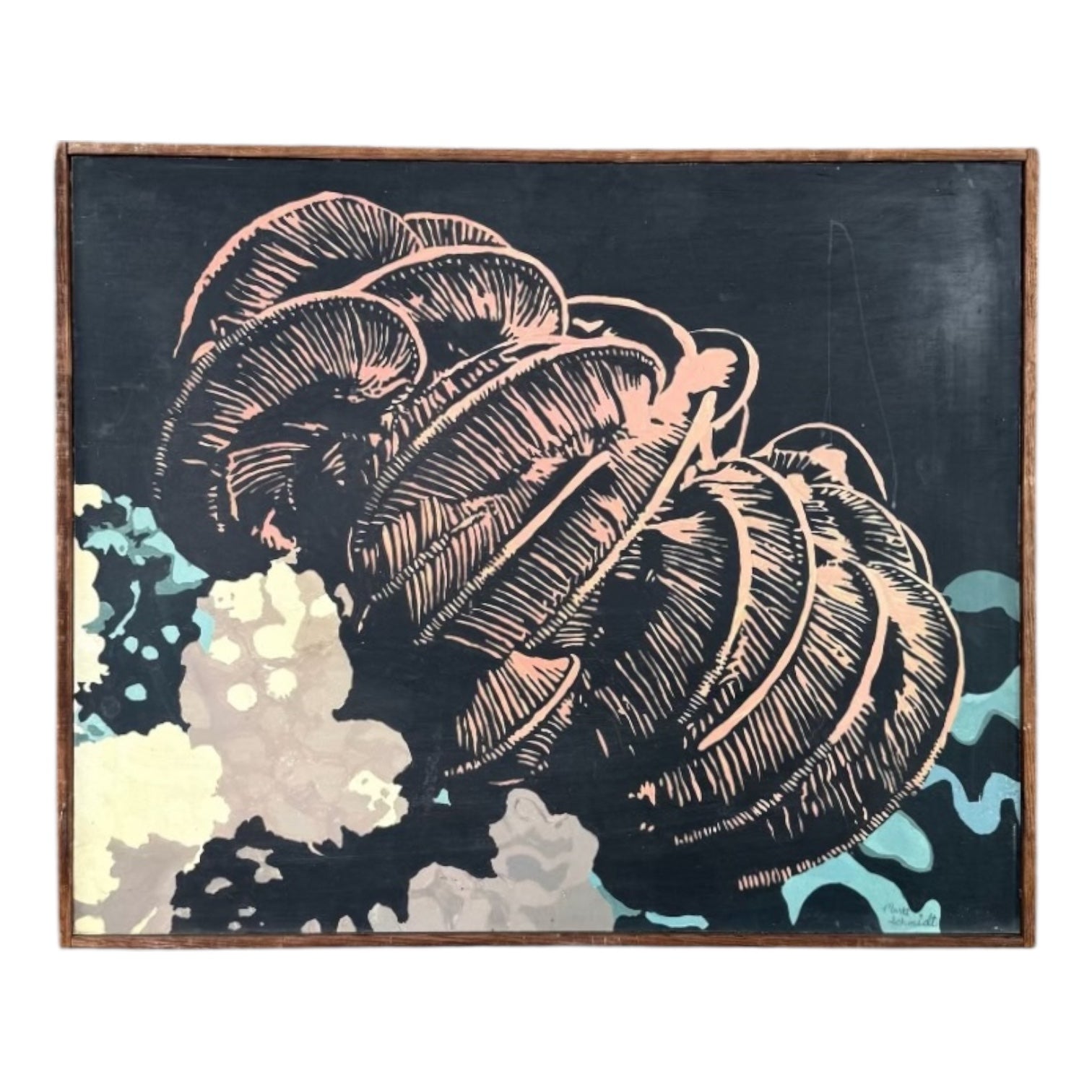 Graphic Painting of Pink Gourd Against Black Background in Original Lathe Frame