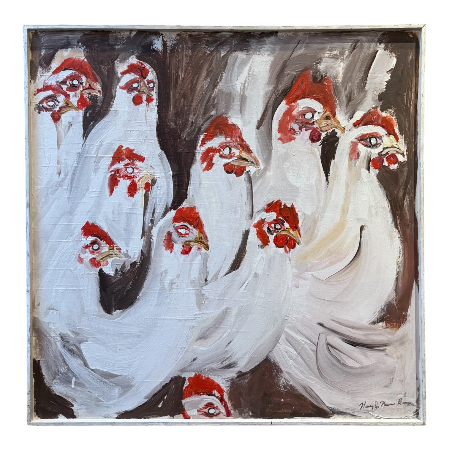 Abstract Expressionist Painting of a Bachelor Flock of Fowl in Original Wood Frame
