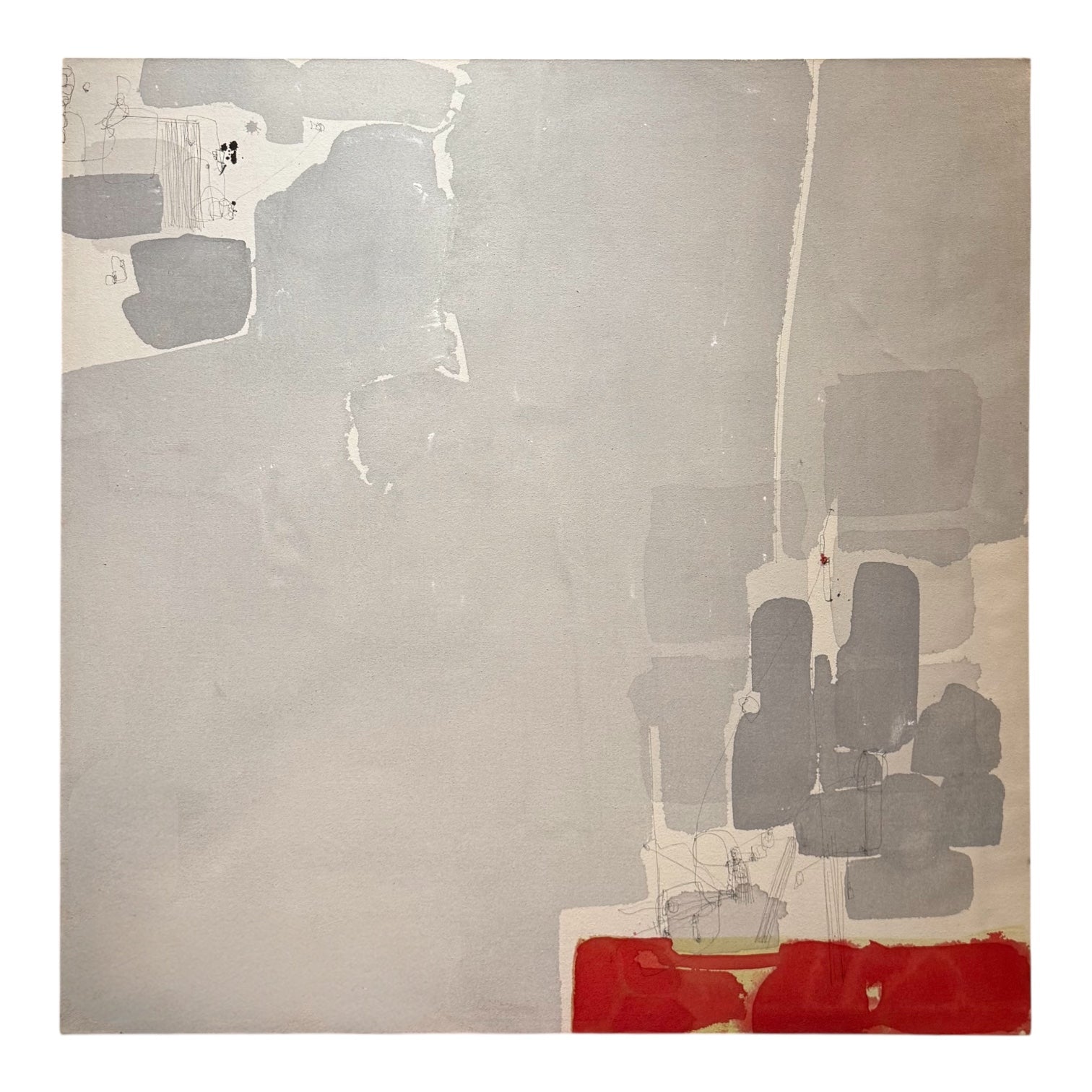 Minimalist Abstract with Gestural Graphite Mark-Making in Grays and Red