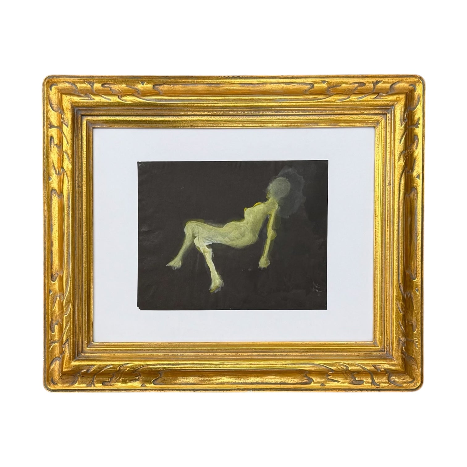 Yellow Monotype Reclining Figure of Yellow Woman in Vintage Hand-carved and Gilded Frame