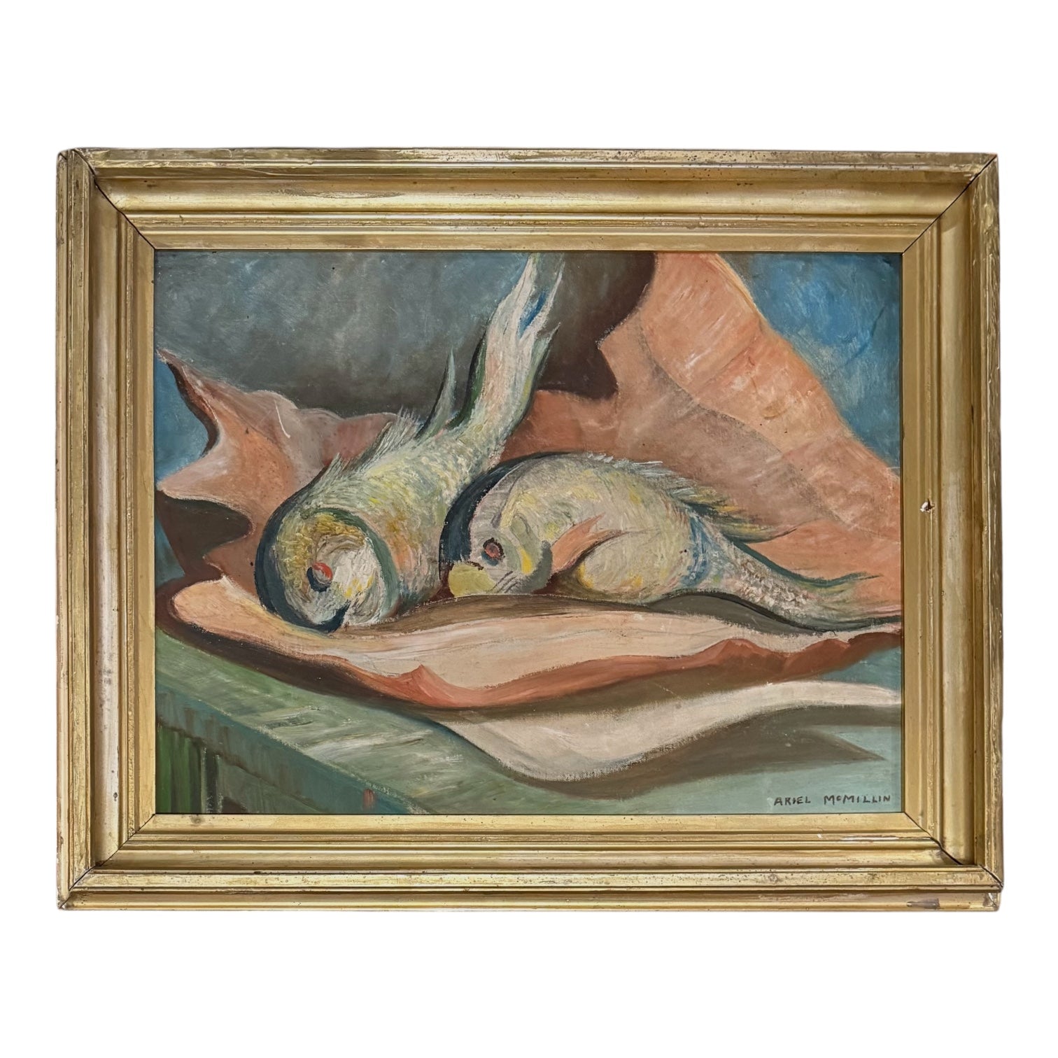 Still Life Oil Painting of Fish in Paper Wrapping in 19th Century Gilt Frame
