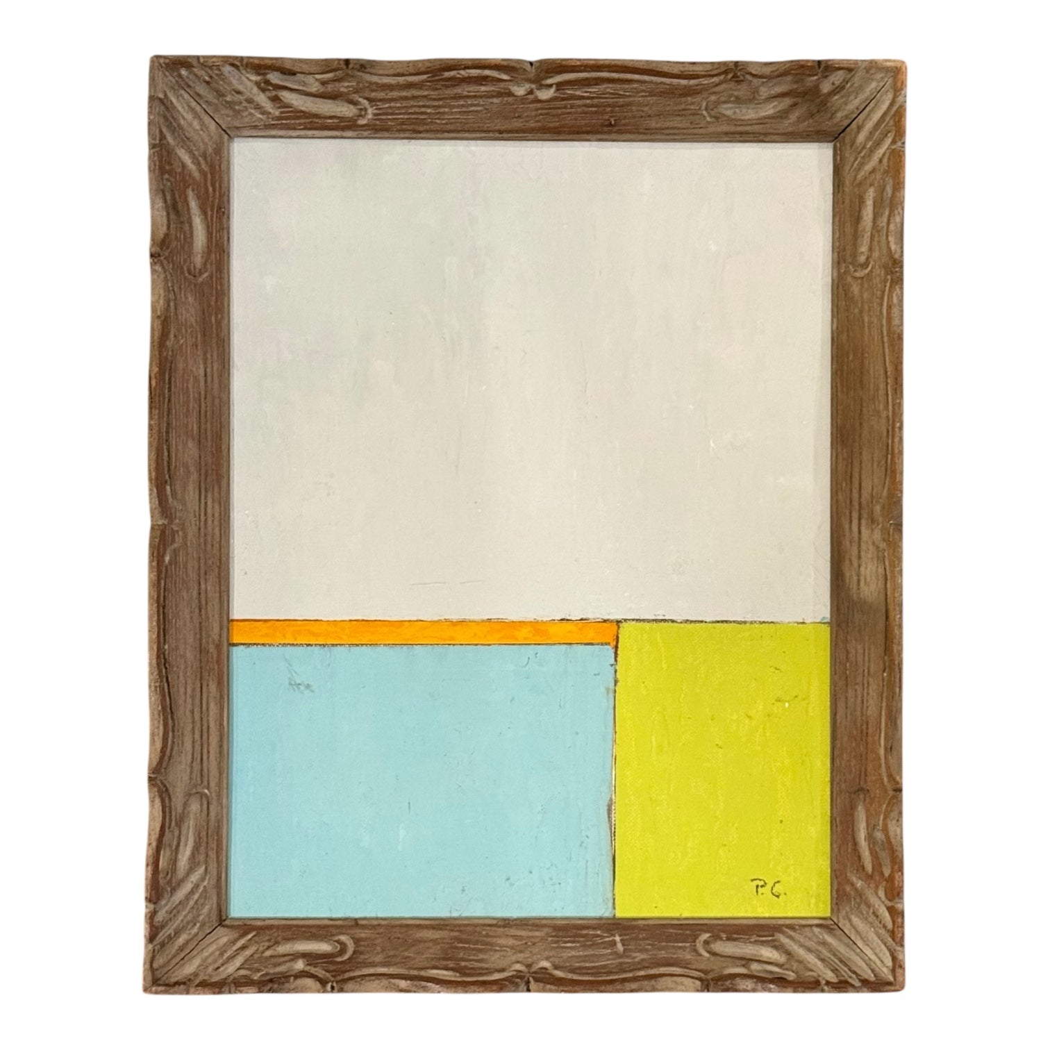 Minimalist Color Blocked Oil Painting in Vintage Hand Carved Wood Frame