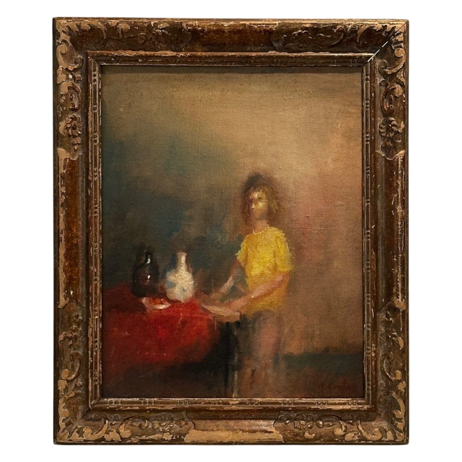 Ethereal Painting of Figure at Table in Antique Hand Carved Frame