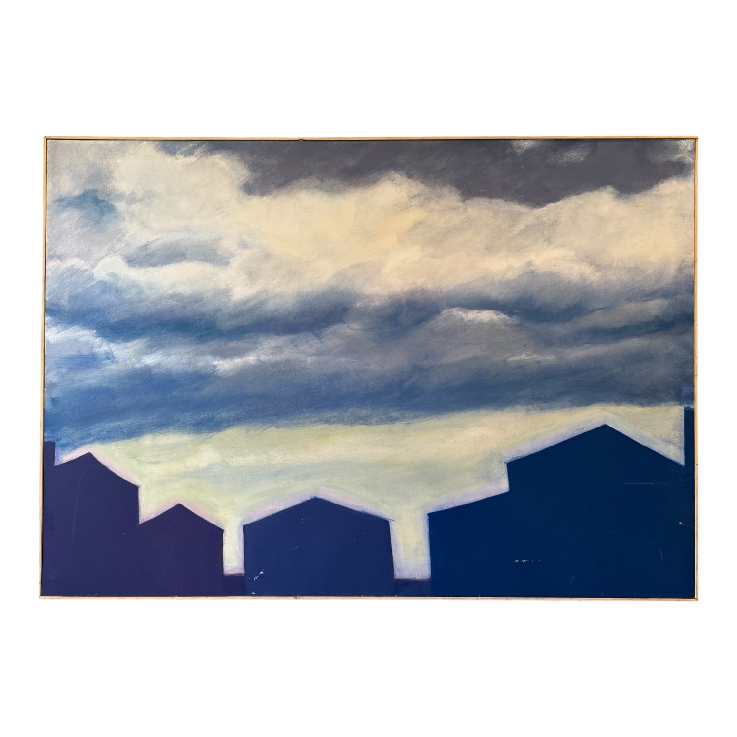 Vintage Editorial Landscape Rooftop Silhouettes in Blues Oil on Canvas