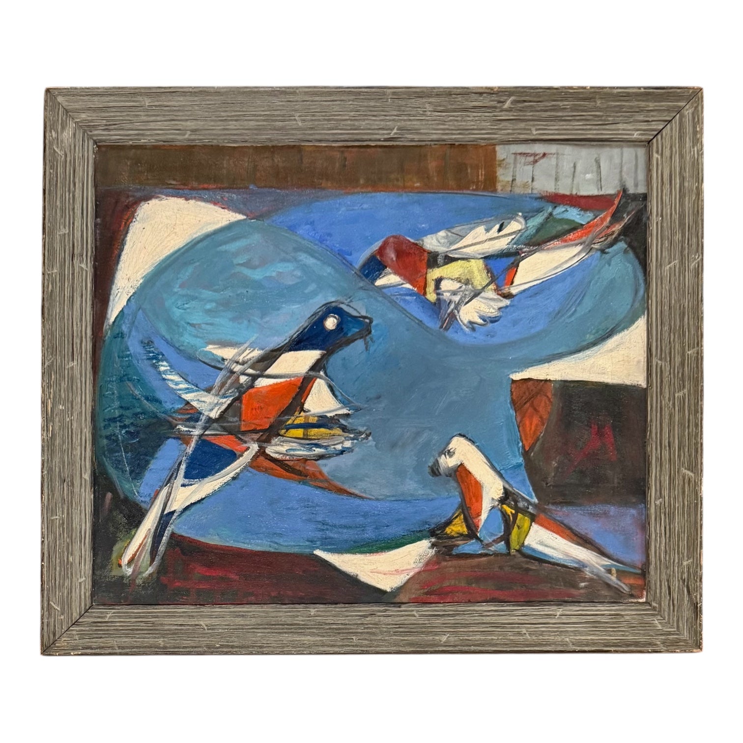 1940s Cubist Oil Painting of Birds or Seals in Saturated Blues in Vintage Gray Wood Frame