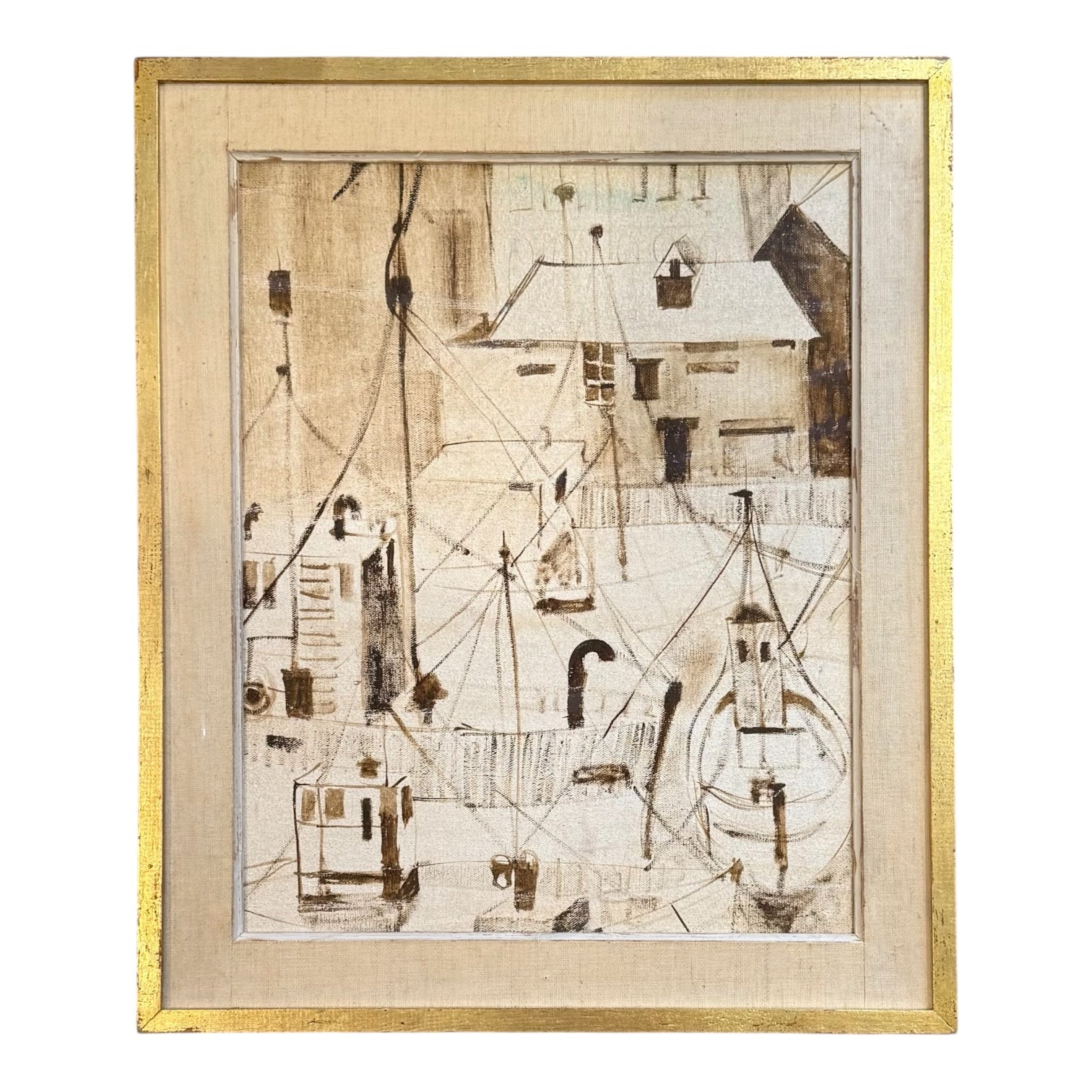 Mixed Media Harbor Scenic in Neutrals / Vintage Gold Linen Lined Frame