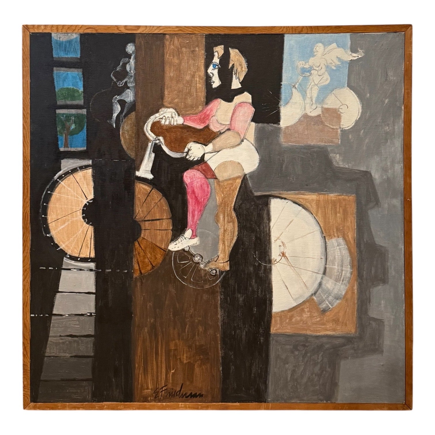 Fantastical Cubist Painting of Bicyclist in Original Wood Frame