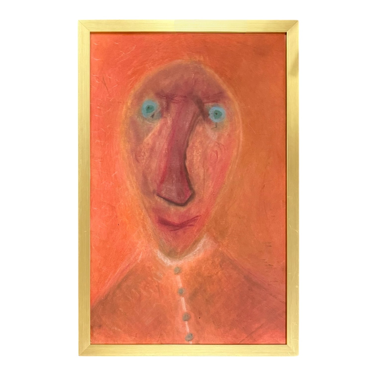 Vibrant Orange Oil Portrait in the Manner of Paul Klee in Custom Gold Frame