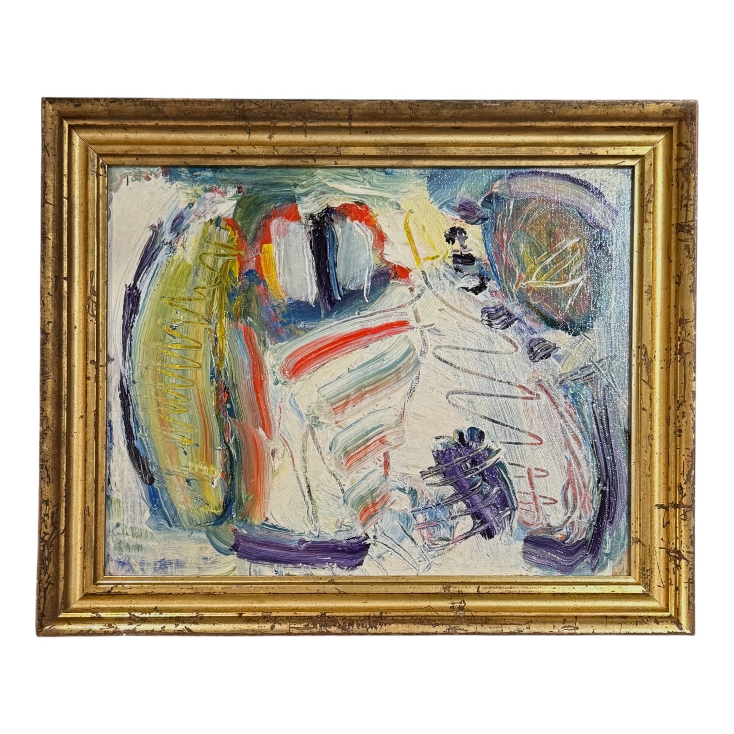 Reserved CL Abstract Painting with Gestural Mark-Making and Sgraffito in 19th Century Gilt Frame