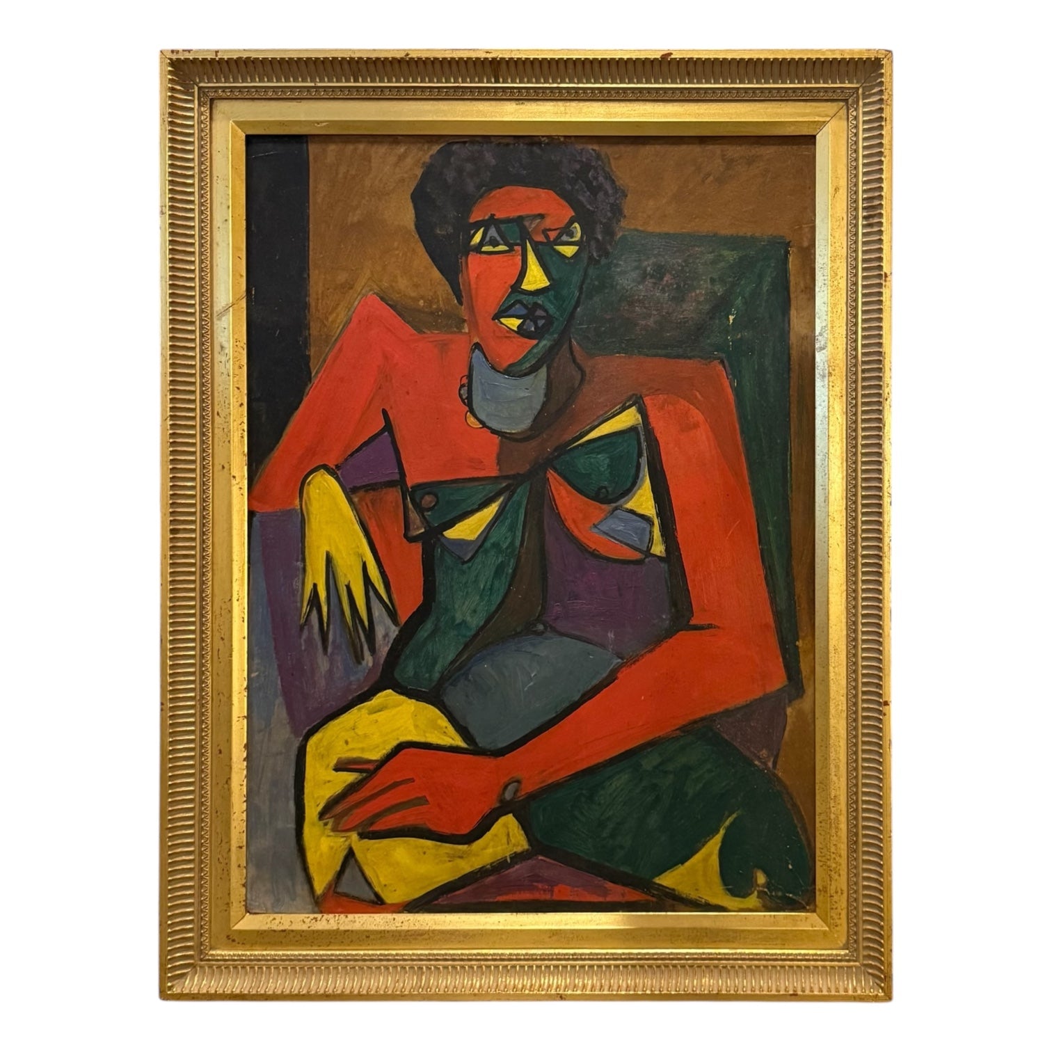 Cubist Oil Portrait of Female in Saturated Hues in Gold Vintage Frame