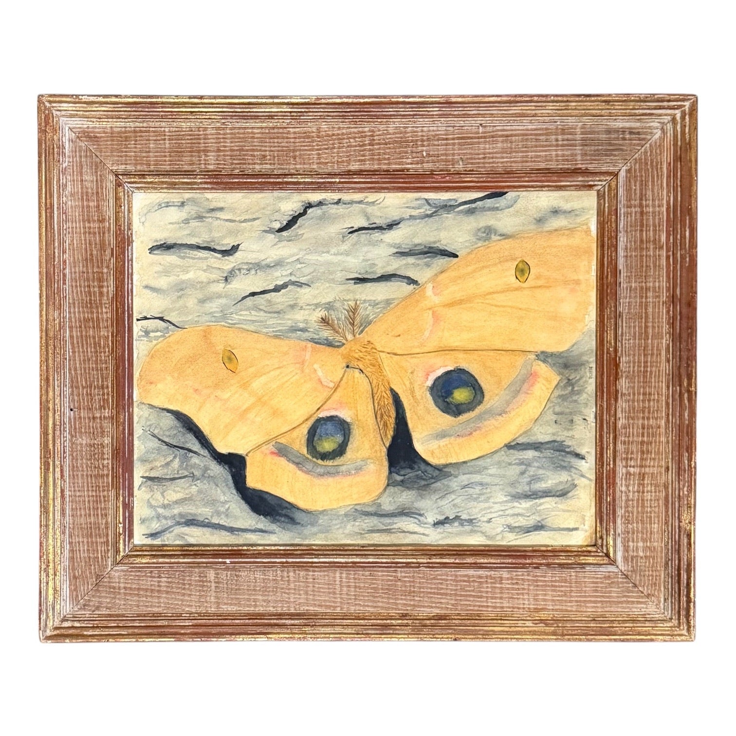 Watercolor Painting of Yellow Butterfly in Heavy Vintage Cerused and Gilded Wood Frame