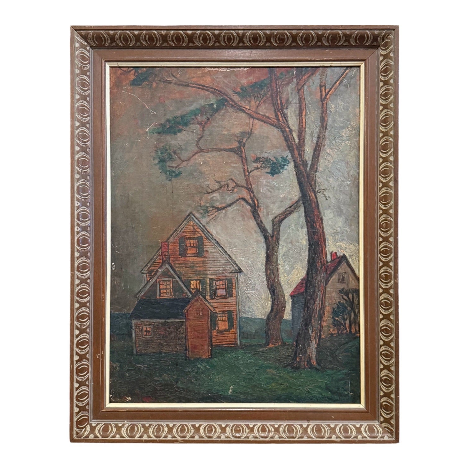 WPA Era Oil Painting of Houses in Landscape in Vintage Carved Wood Frame