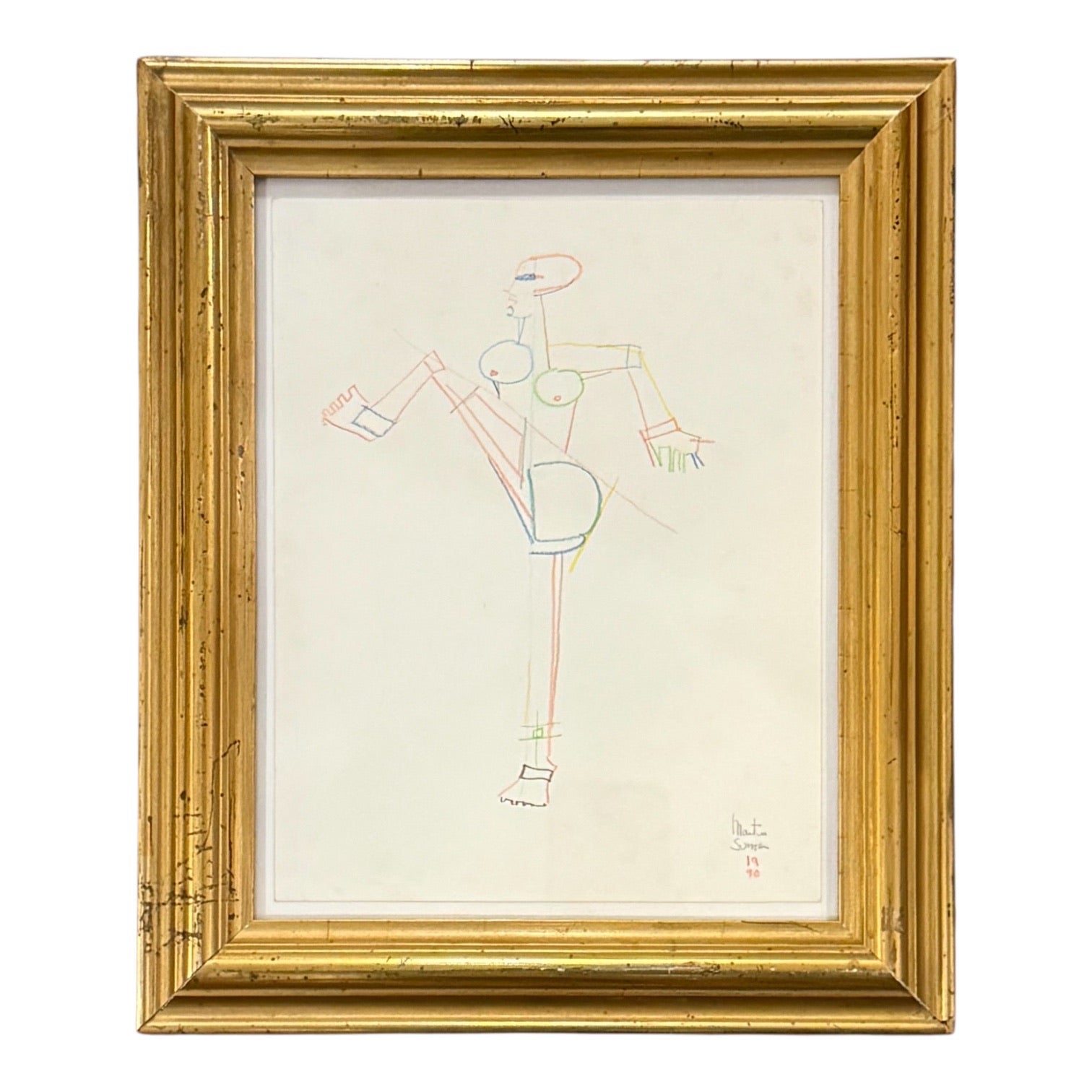 Rare Color Pencil Figurative Line  Drawing on Paper in 19th Century Gilt Frame